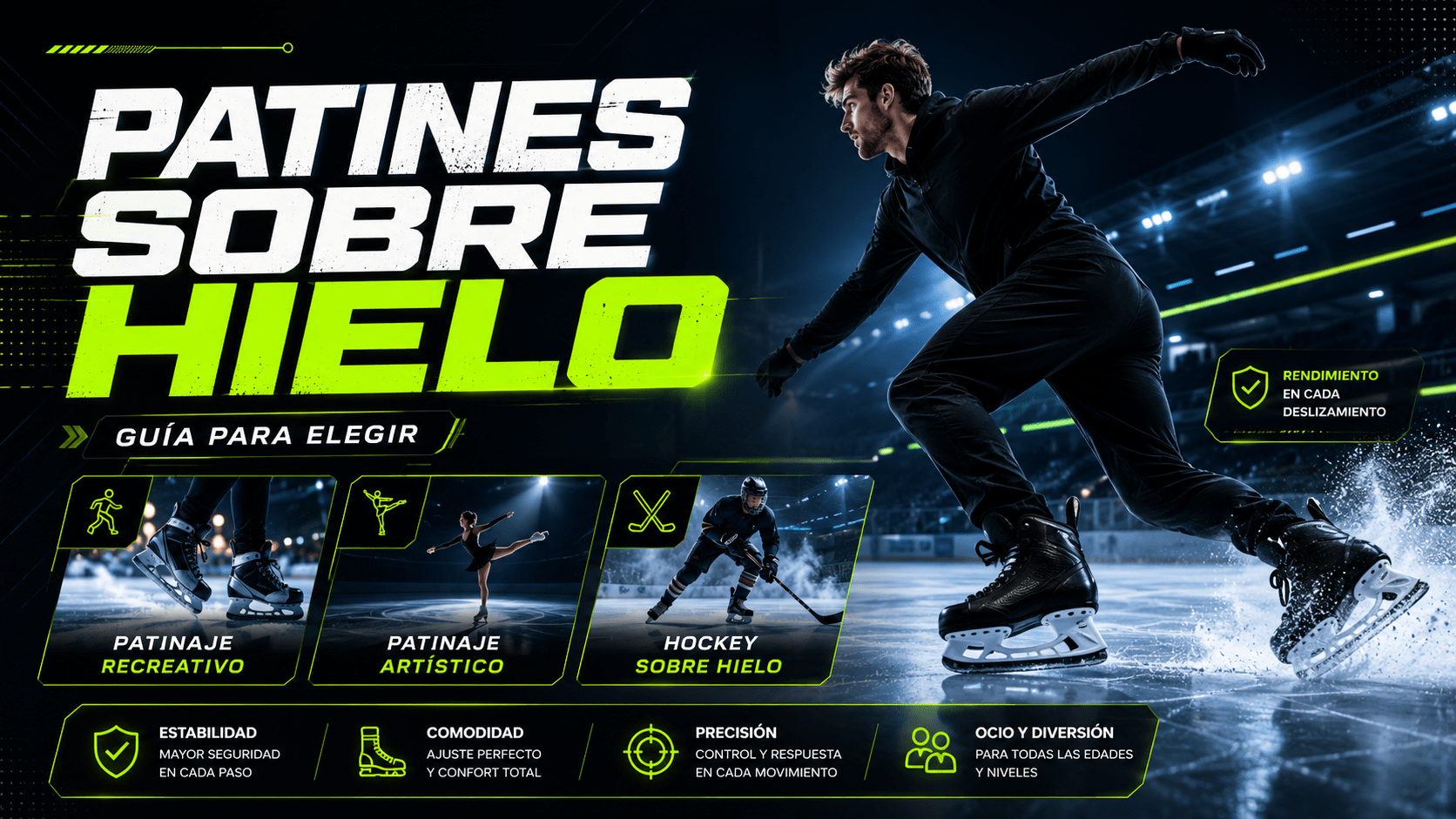 Patinador deslizándose con patines sobre hielo en una pista iluminada