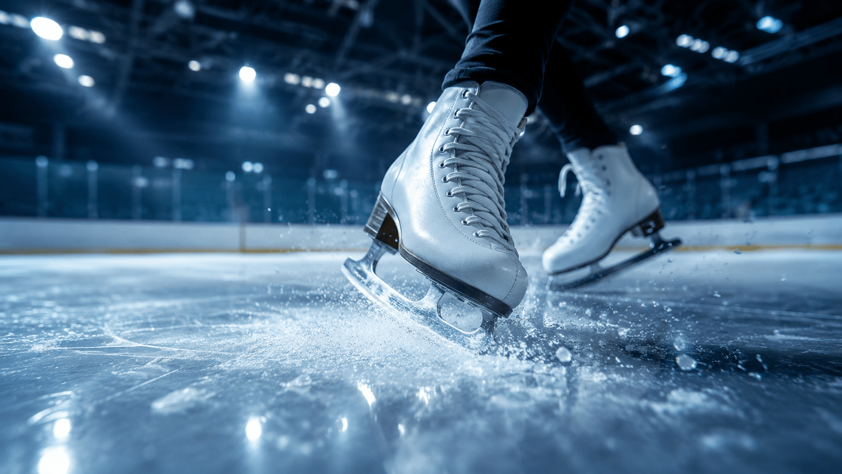 Detalle de unas cuchillas de patines cortando la superficie del hielo