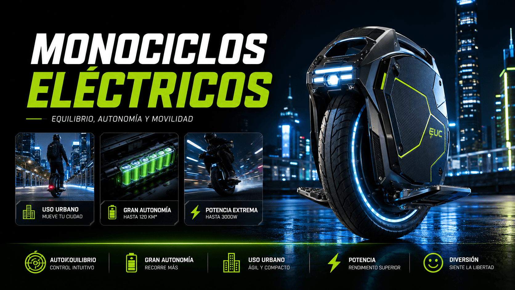 Monociclo eléctrico moderno en una ciudad nocturna