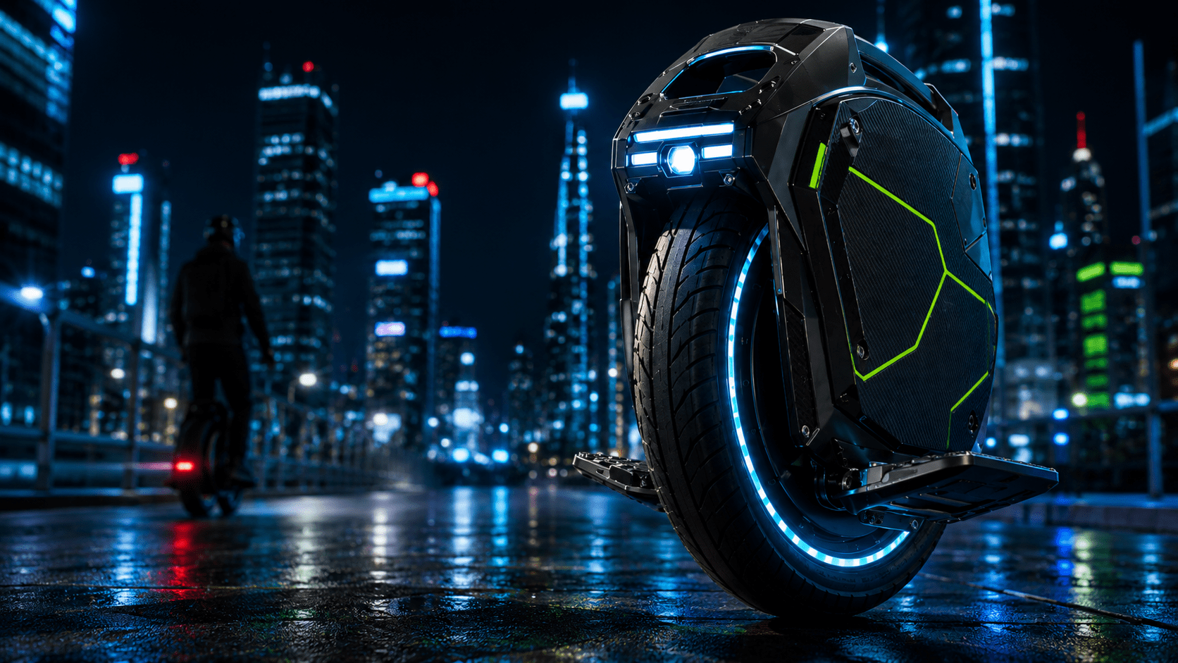 Monociclo eléctrico moderno con iluminación en un entorno urbano