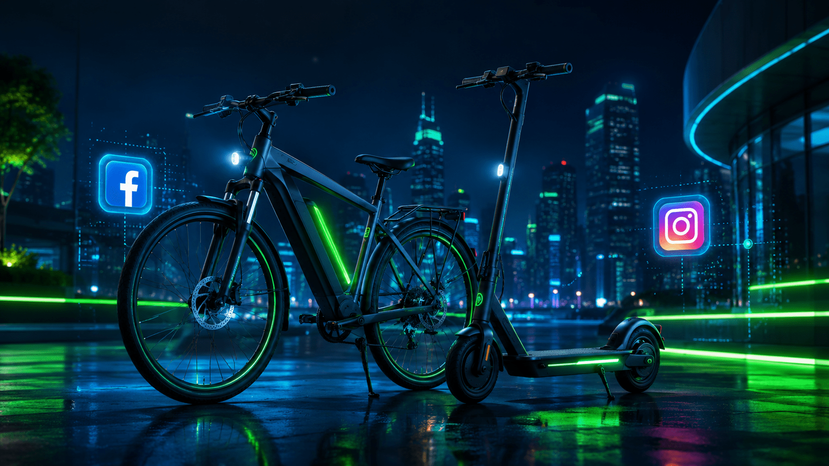 Bicicleta y patinete eléctrico en ciudad futurista