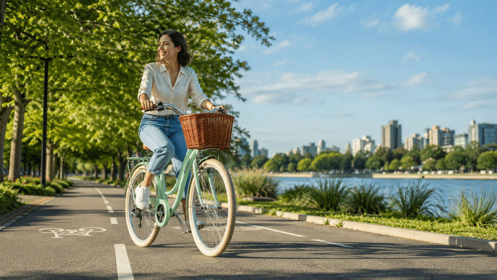 Bicicleta de paseo con cesta en entorno urbano