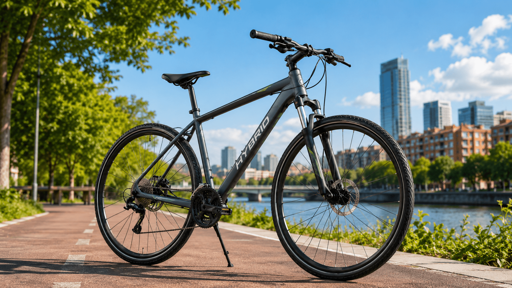 Bicicleta híbrida en ruta mixta de ciudad y camino
