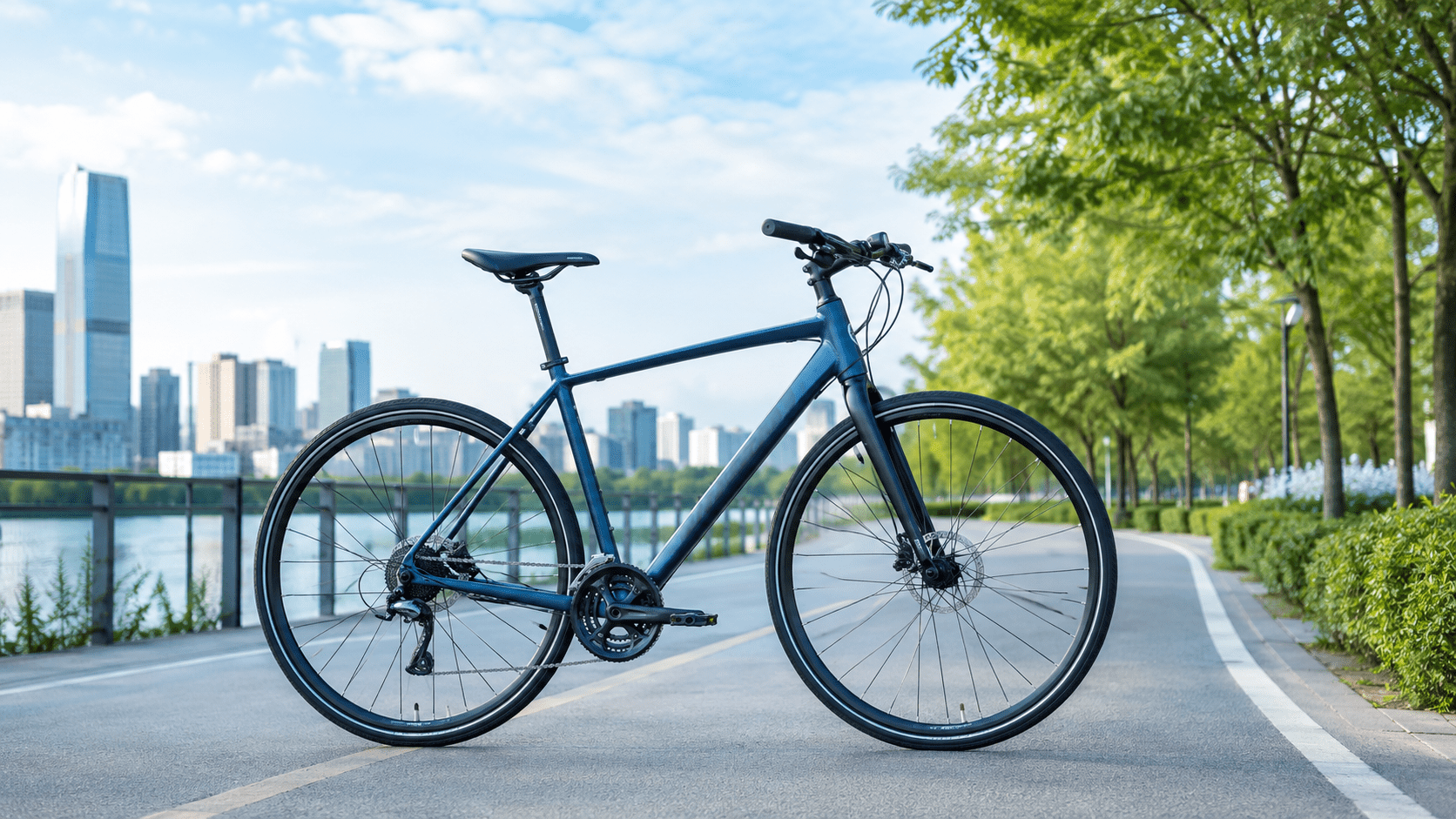 Bicicleta híbrida circulando por ciudad y carril bici