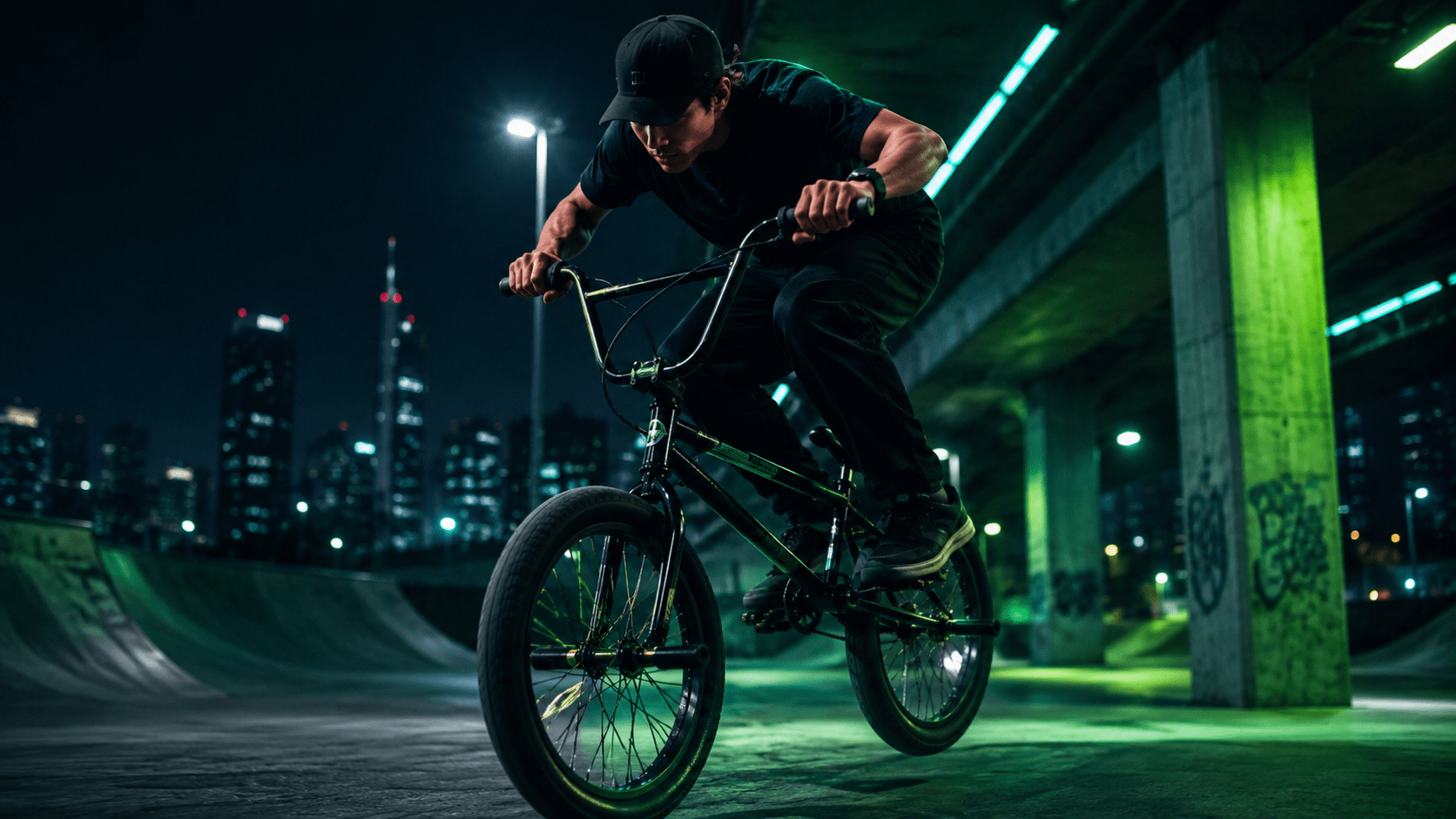 Bicicleta BMX en skatepark Ciclista con bicicleta BMX en skatepark