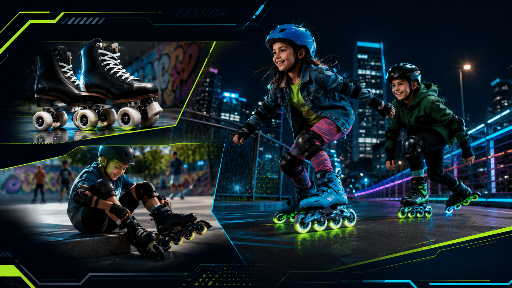 Patines de cuatro ruedas y patines en línea sobre una pista urbana