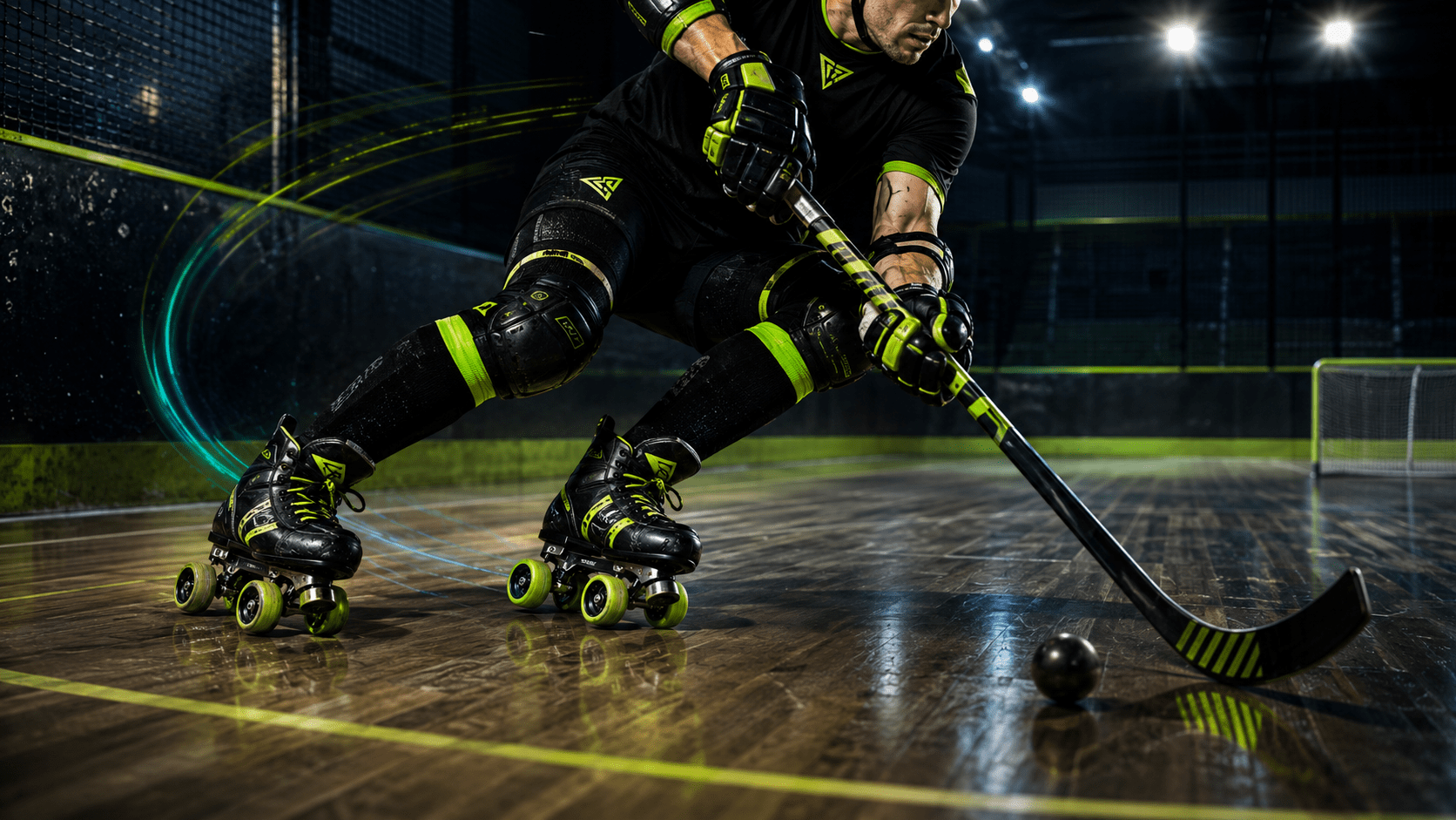 Jugador acelerando con patines de hockey durante un entrenamiento