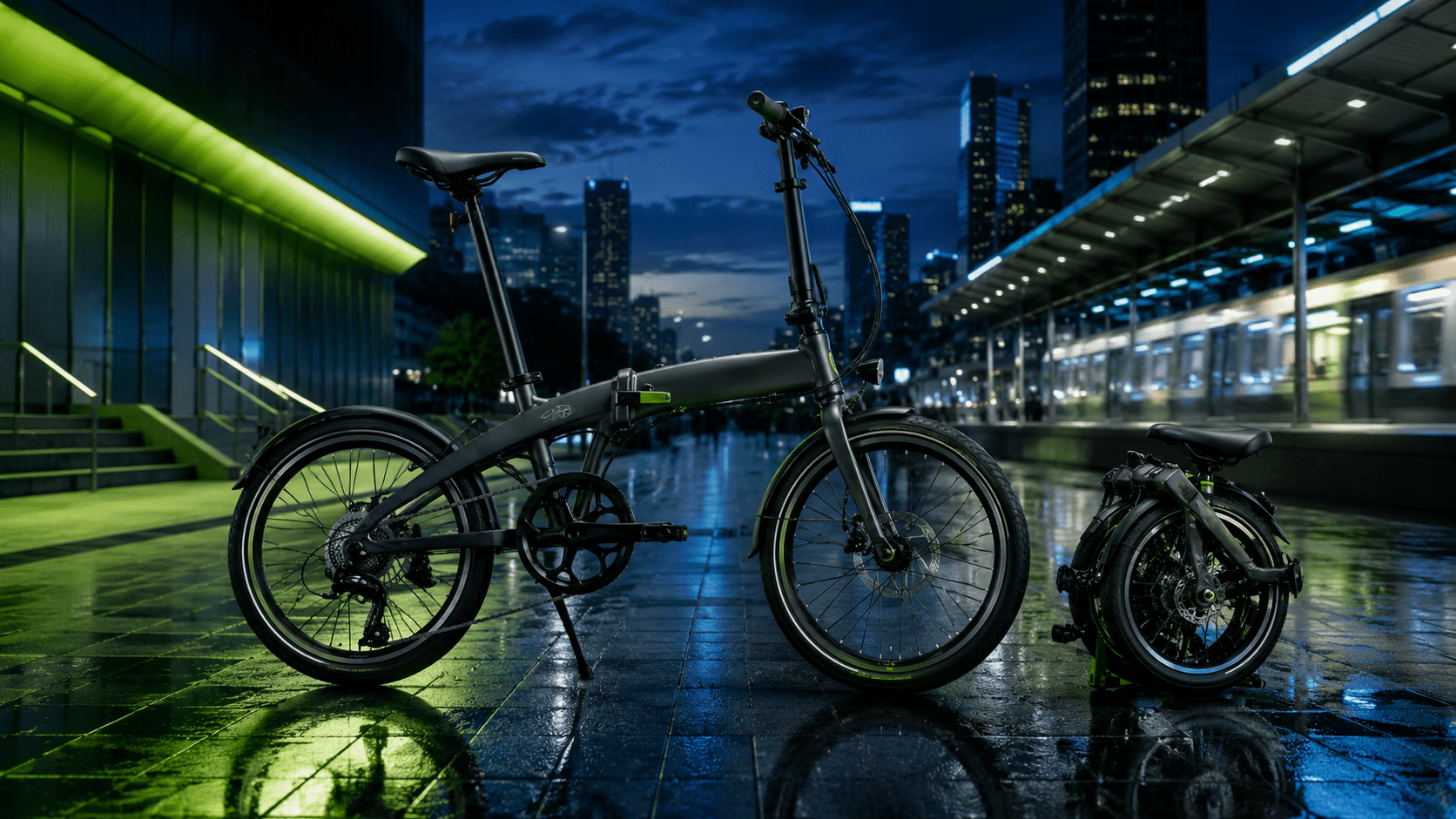 Bicicleta plegable junto a transporte público y ciudad