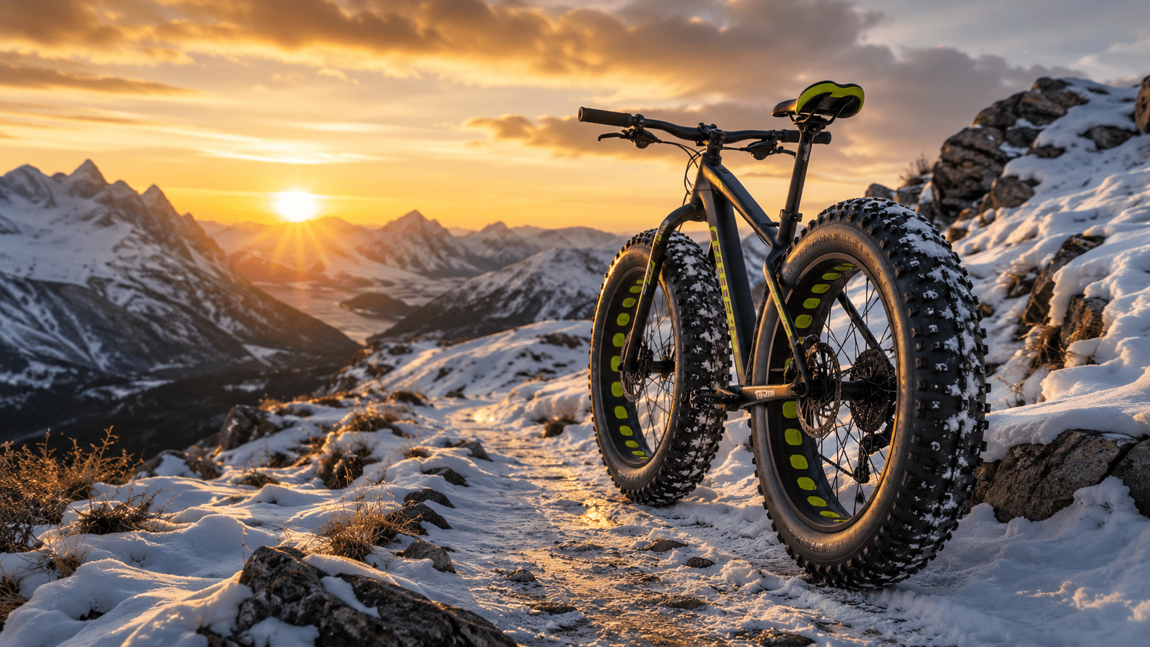 Bicicleta fatbike de montaña Bicicleta fatbike con ruedas anchas sobre terreno de montaña