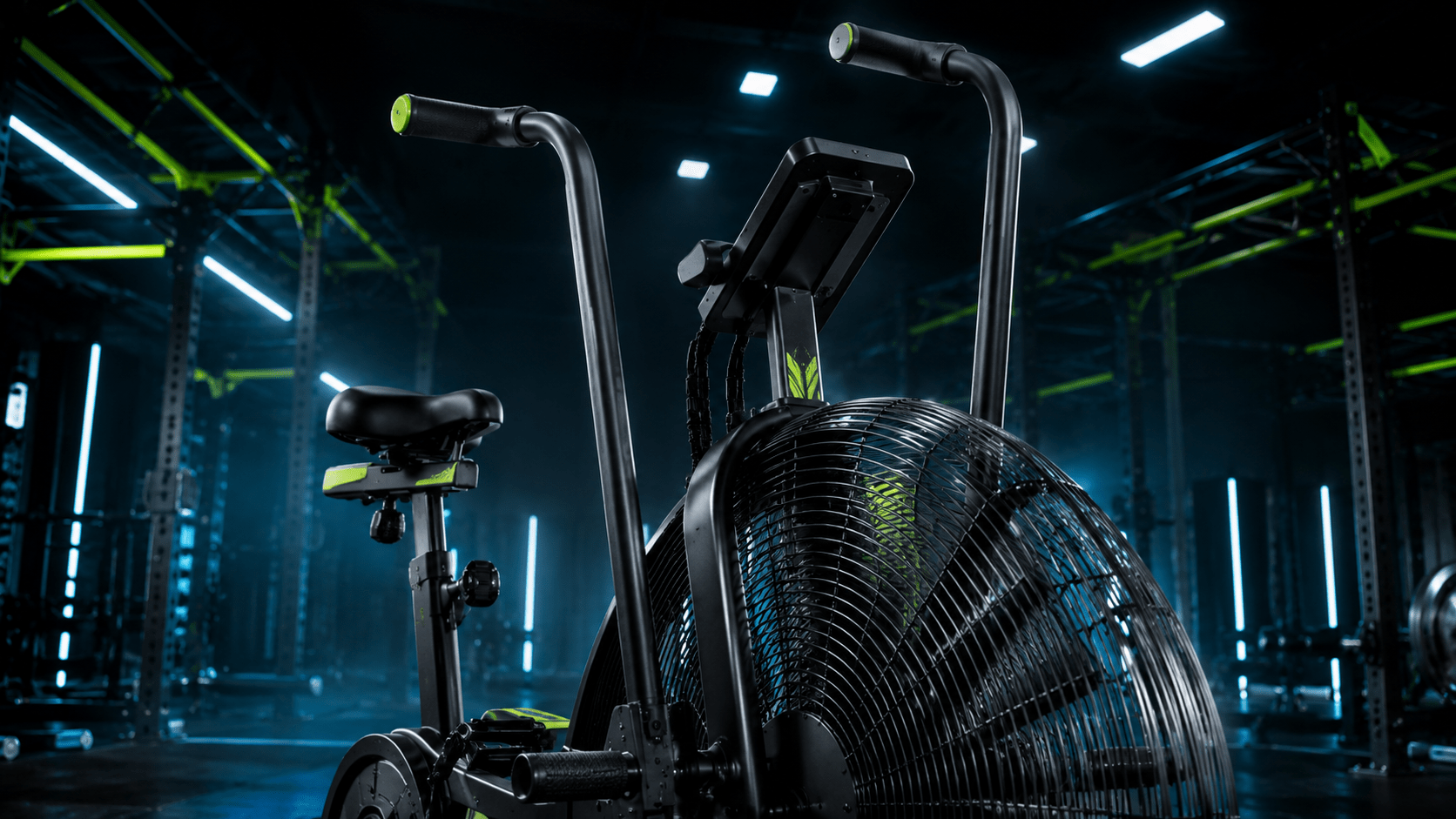 Ventilador y consola de una Airbike Detalle del ventilador, los brazos móviles y la consola de una Airbike