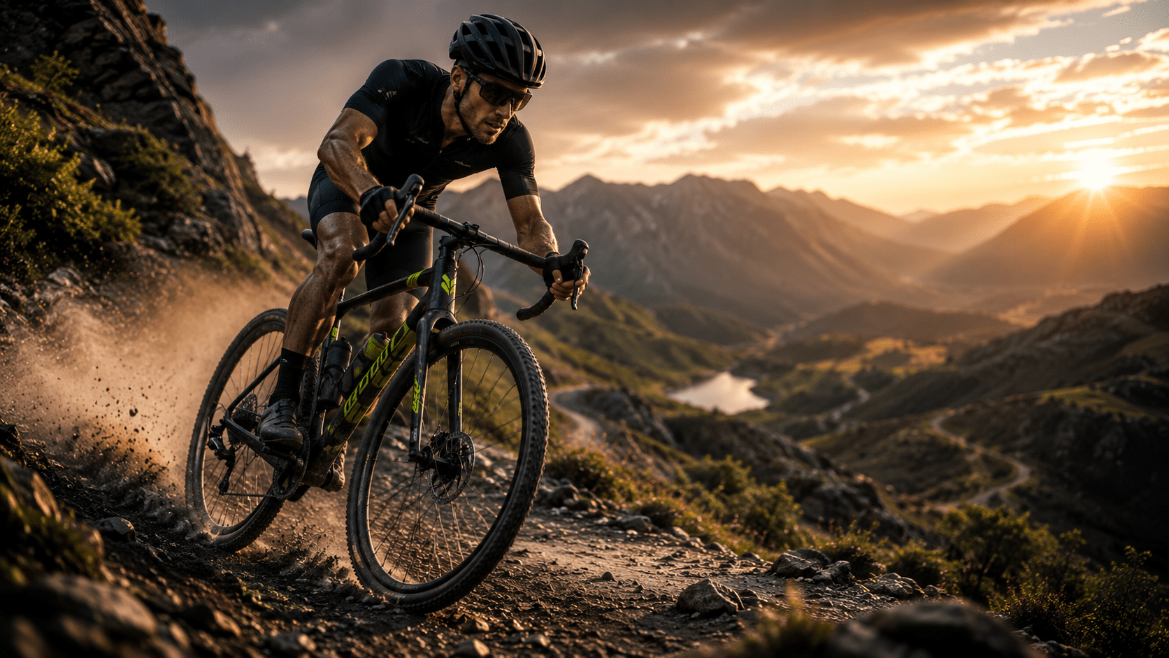 Ciclista con una bicicleta gravel recorriendo una pista de tierra