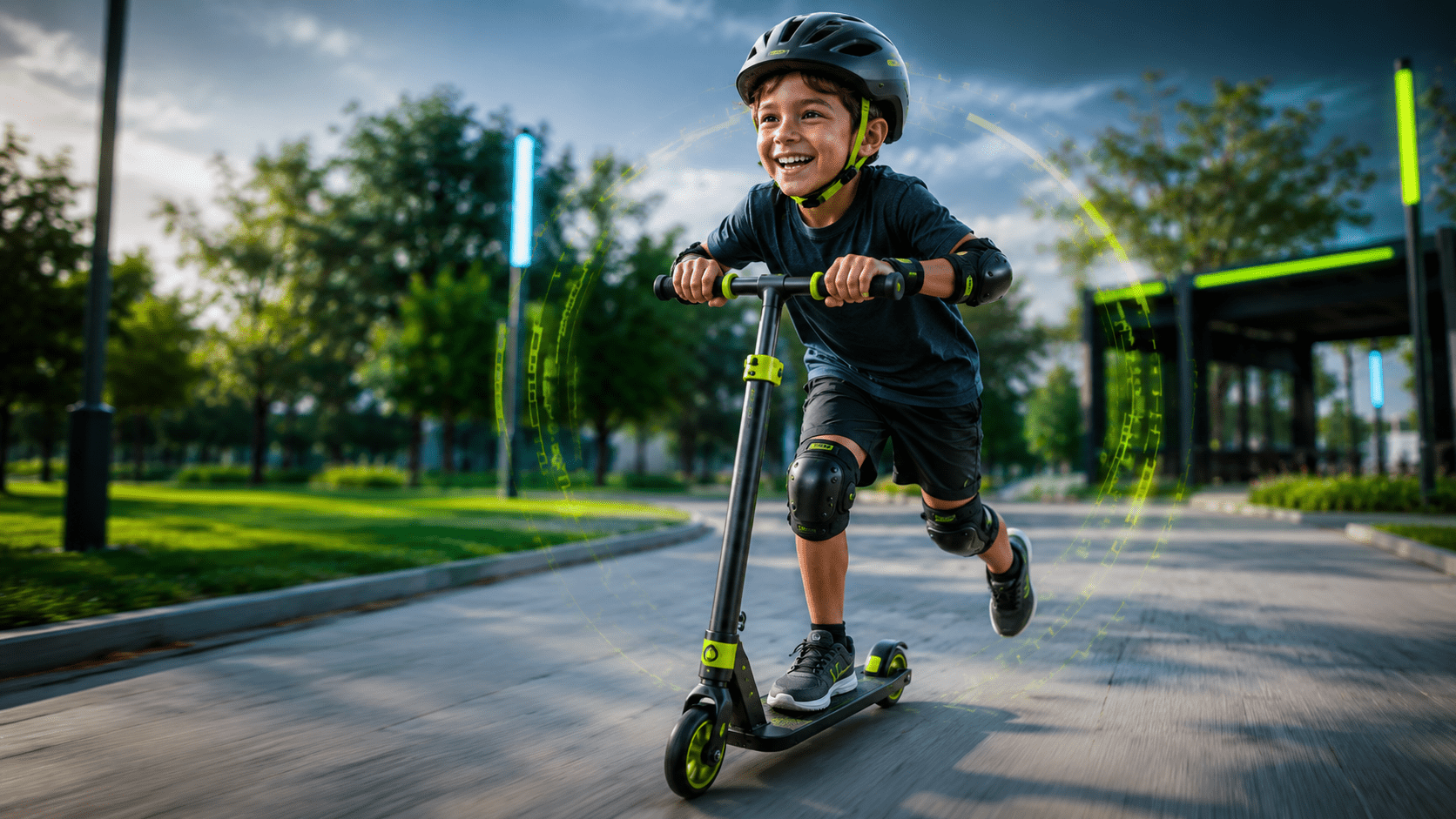 Niño con casco y protecciones montando en patinete infantil en un parque urbano