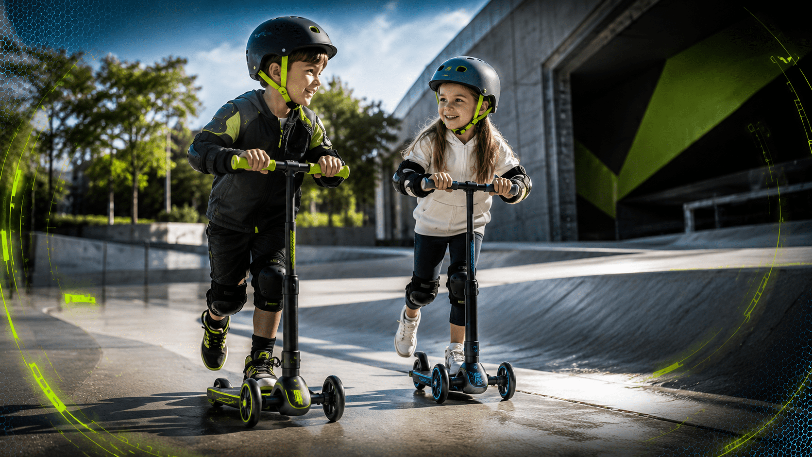 Niños patinando con patinetes infantiles en una zona urbana moderna