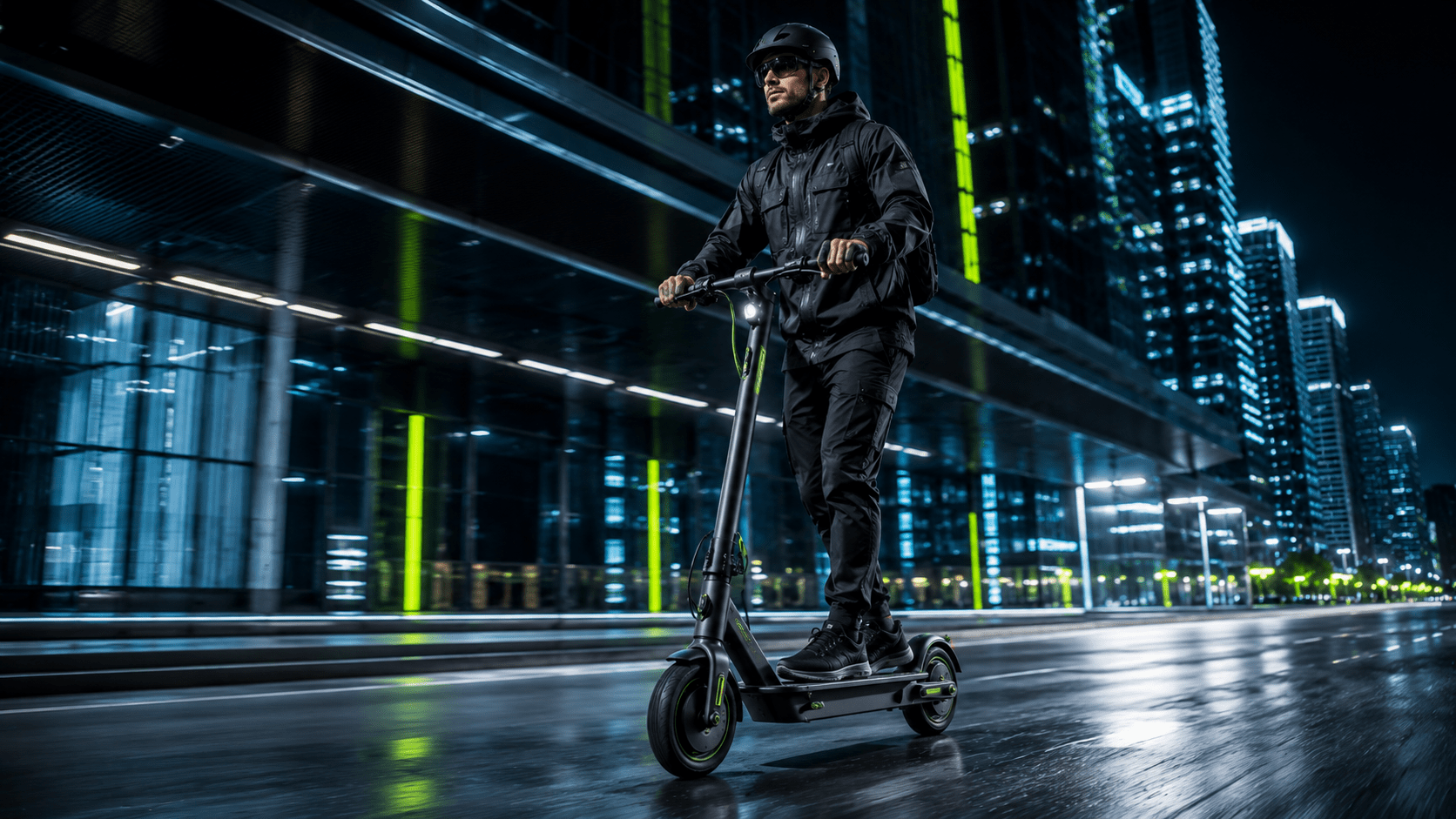 Adulto circulando en patinete eléctrico por una ciudad moderna iluminada