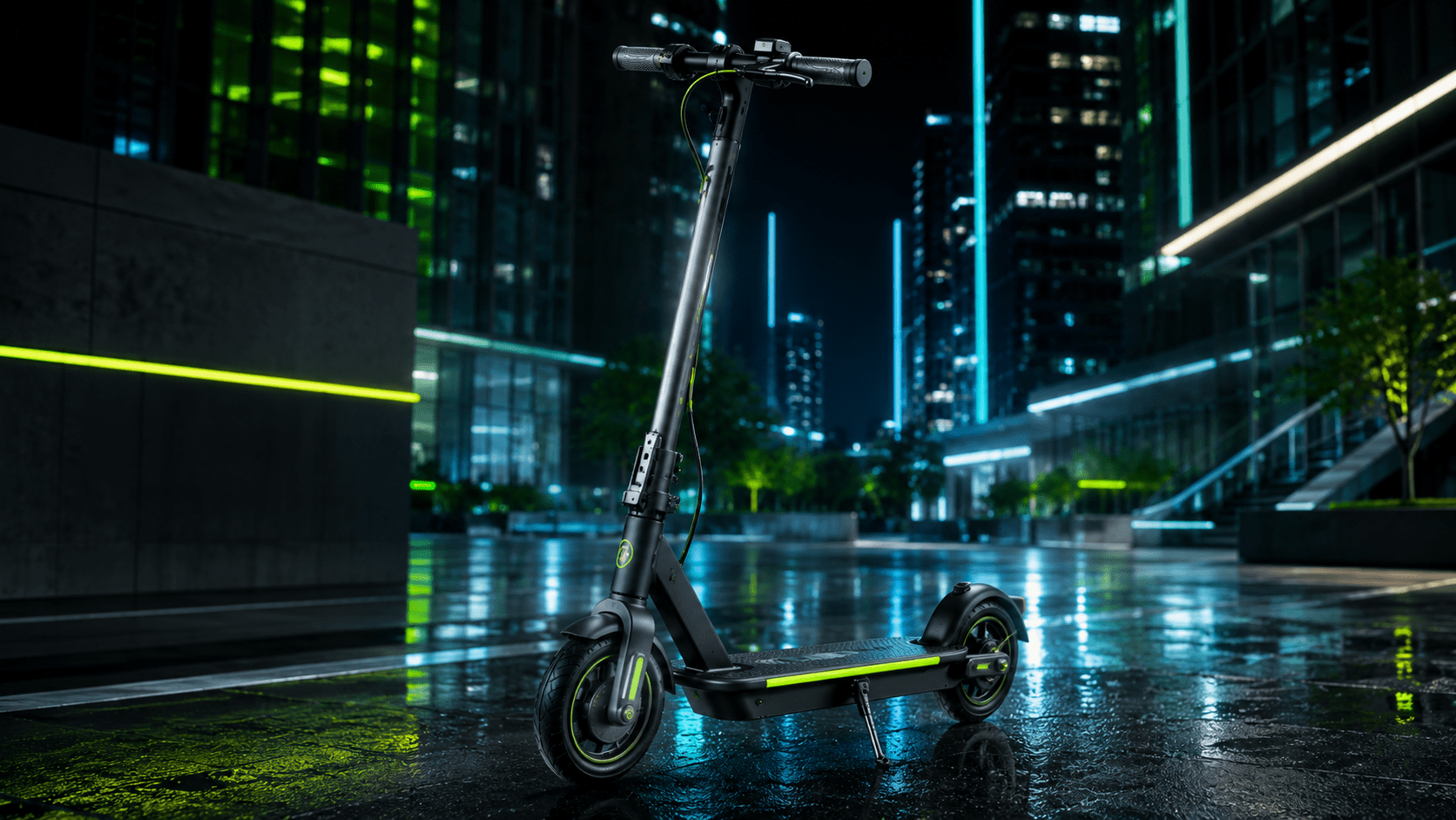 Patinete eléctrico urbano en una plaza moderna con iluminación nocturna