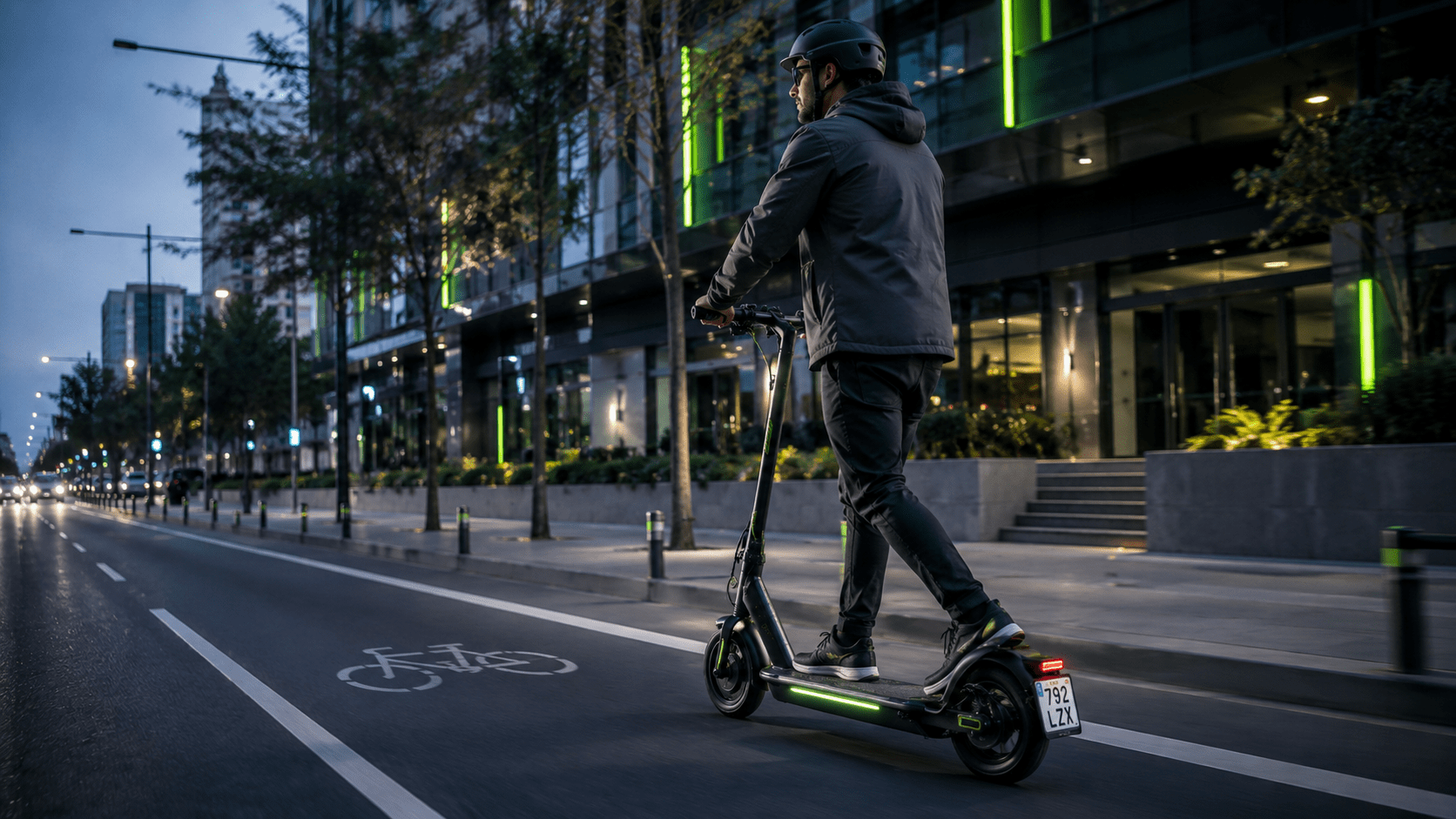 Patinete eléctrico con etiqueta identificativa circulando por una ciudad