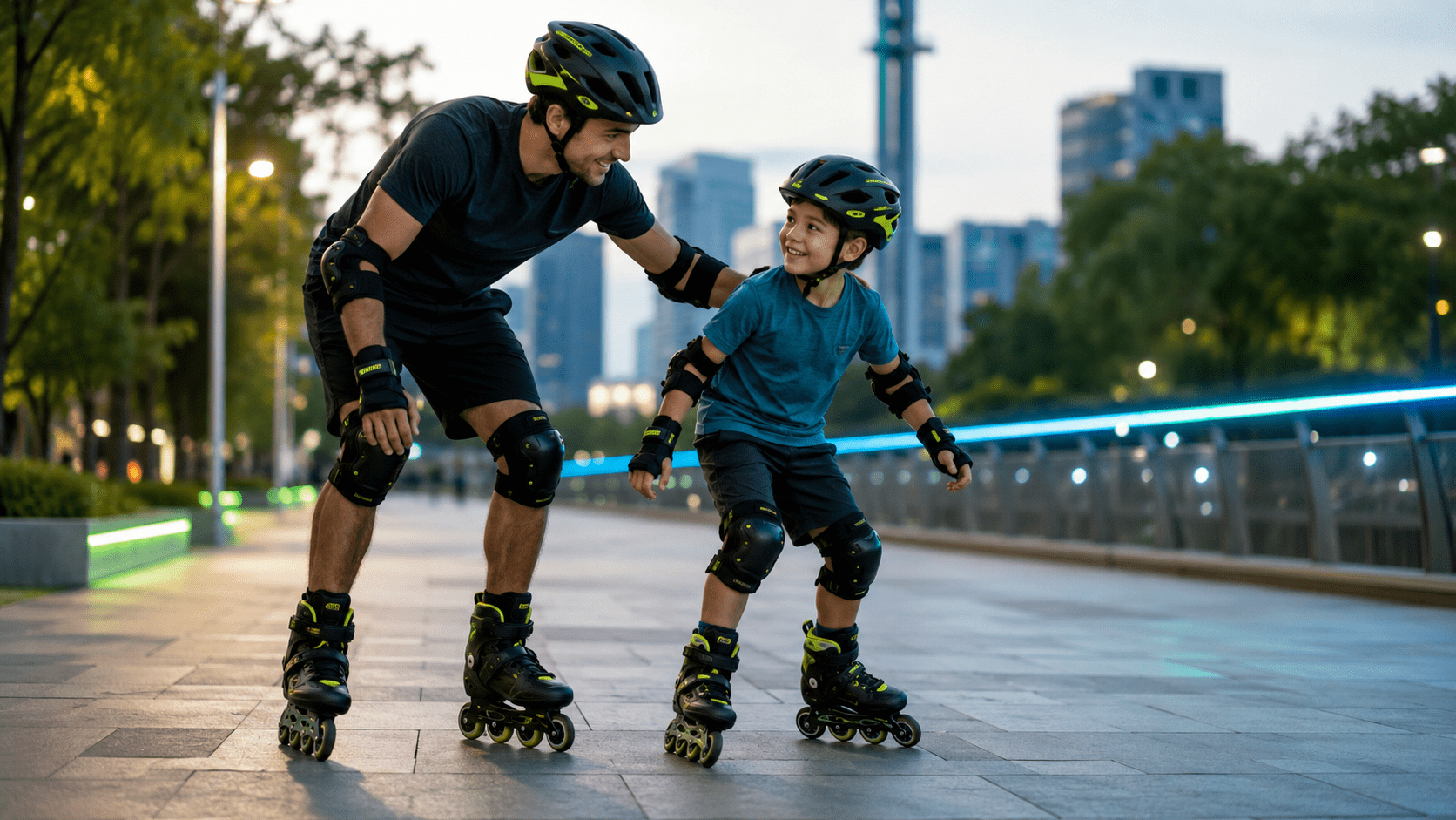 Patinadores adultos y niños con casco y protecciones