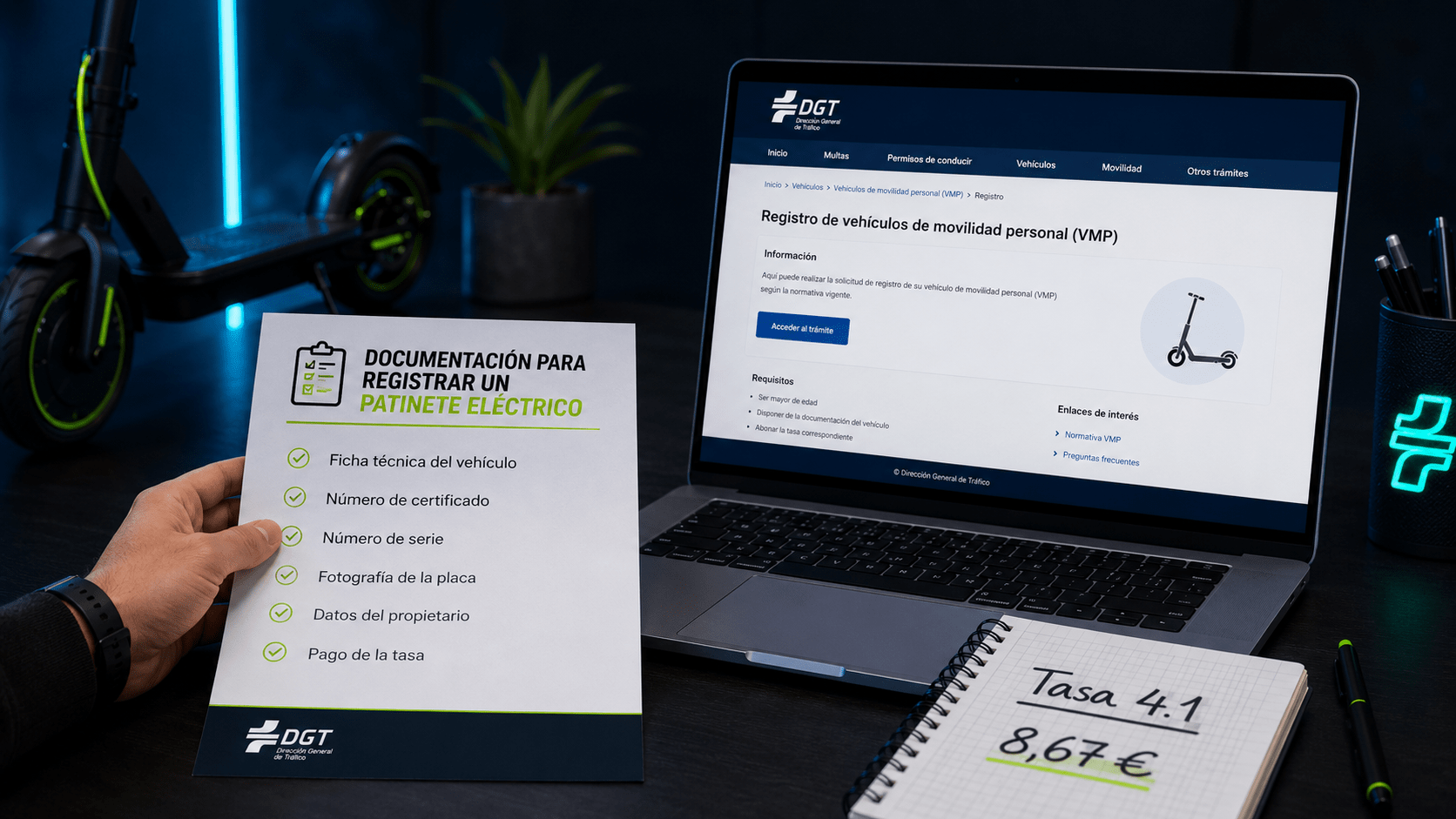 Propietario preparando la documentación para registrar un patinete eléctrico