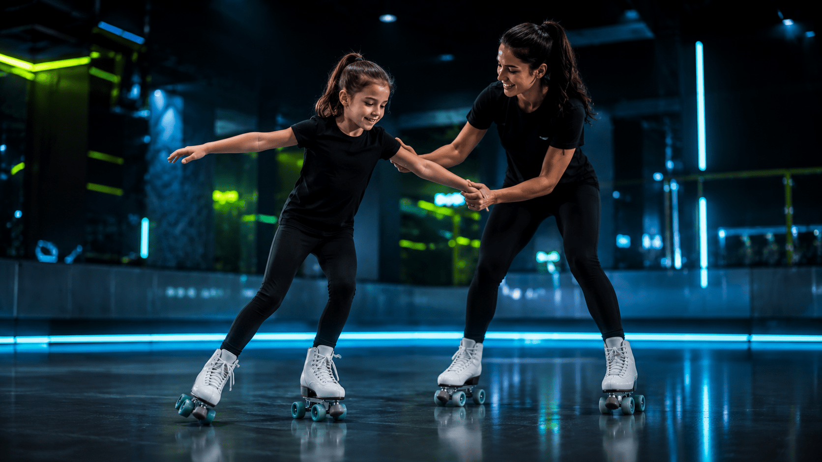Patinadora practicando movimientos con patines artísticos de cuatro ruedas