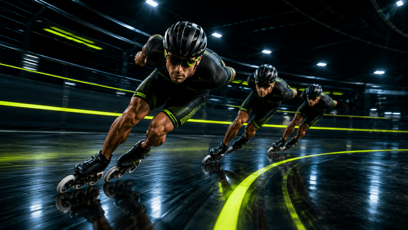 Patinador de velocidad entrenando en una pista urbana