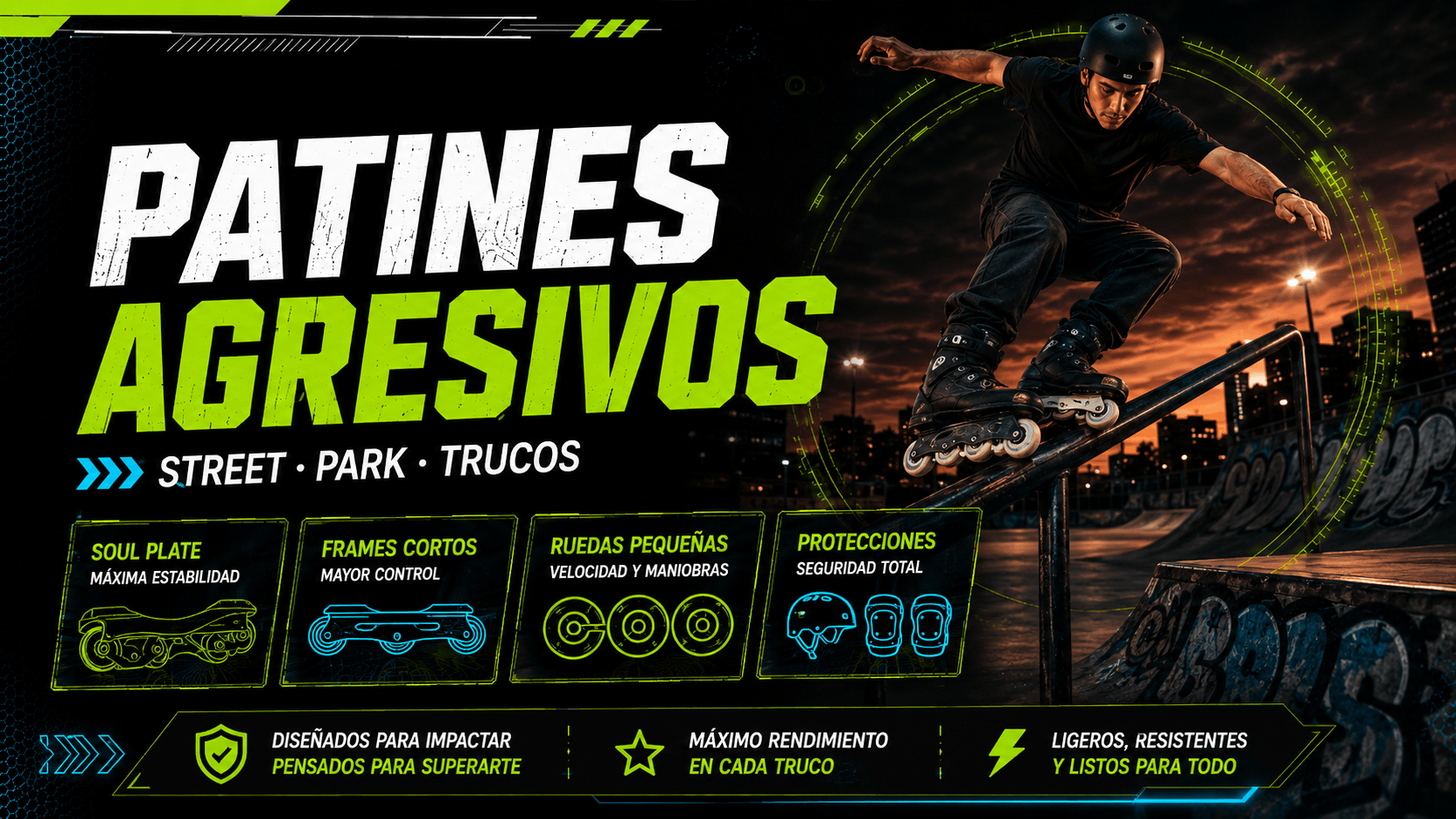 Patinador realizando un truco con patines agresivos en un skatepark