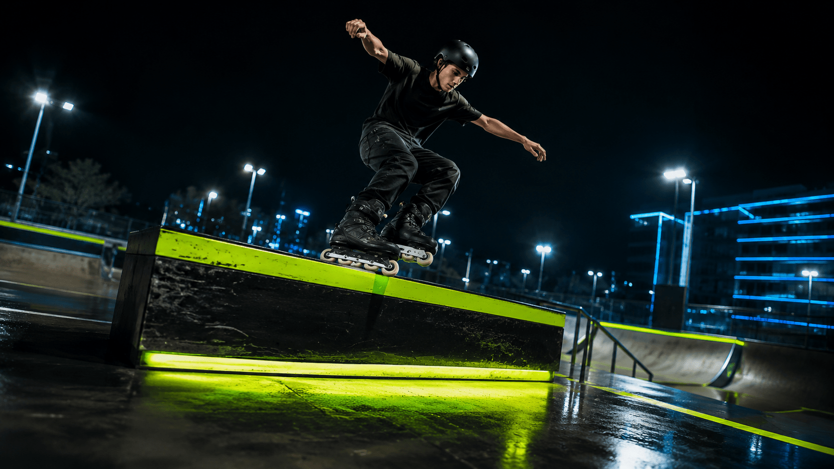 Patinador realizando un grind con patines agresivos