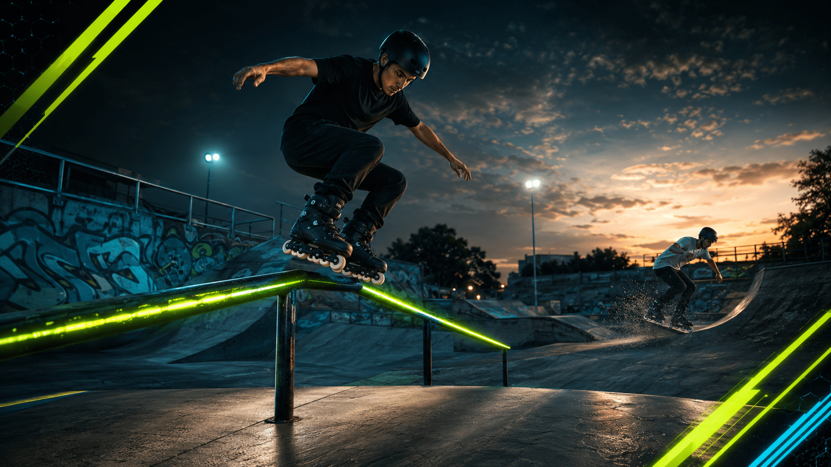 Dos patinadores agresivos entrenando en un skatepark