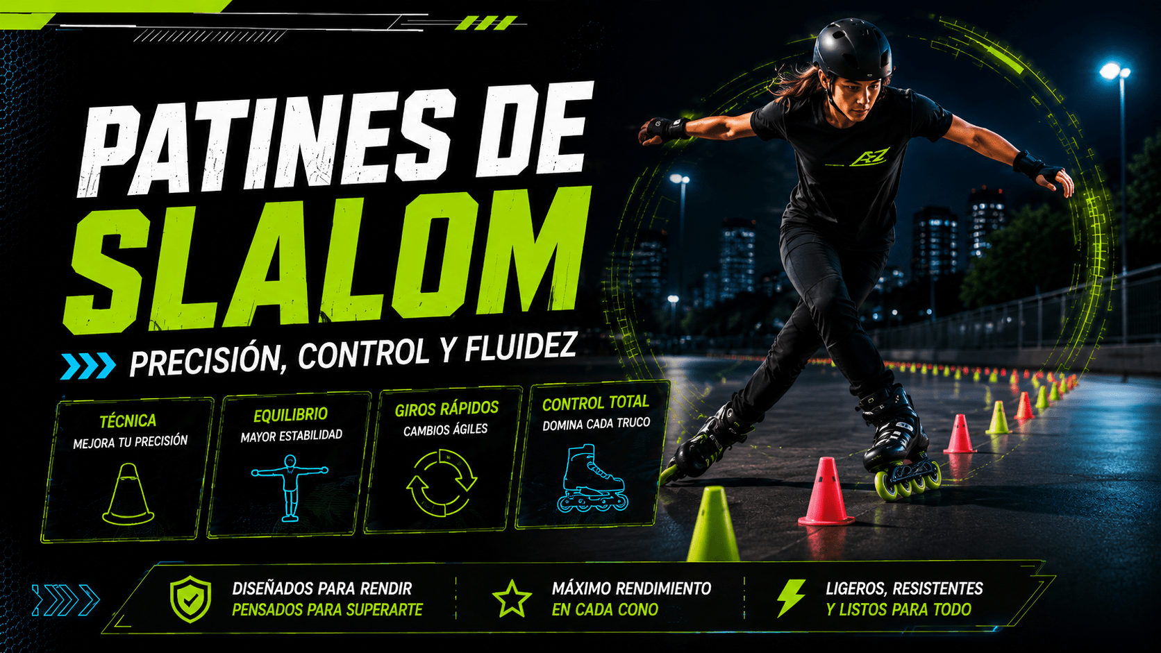 Patinadora realizando freestyle slalom entre conos