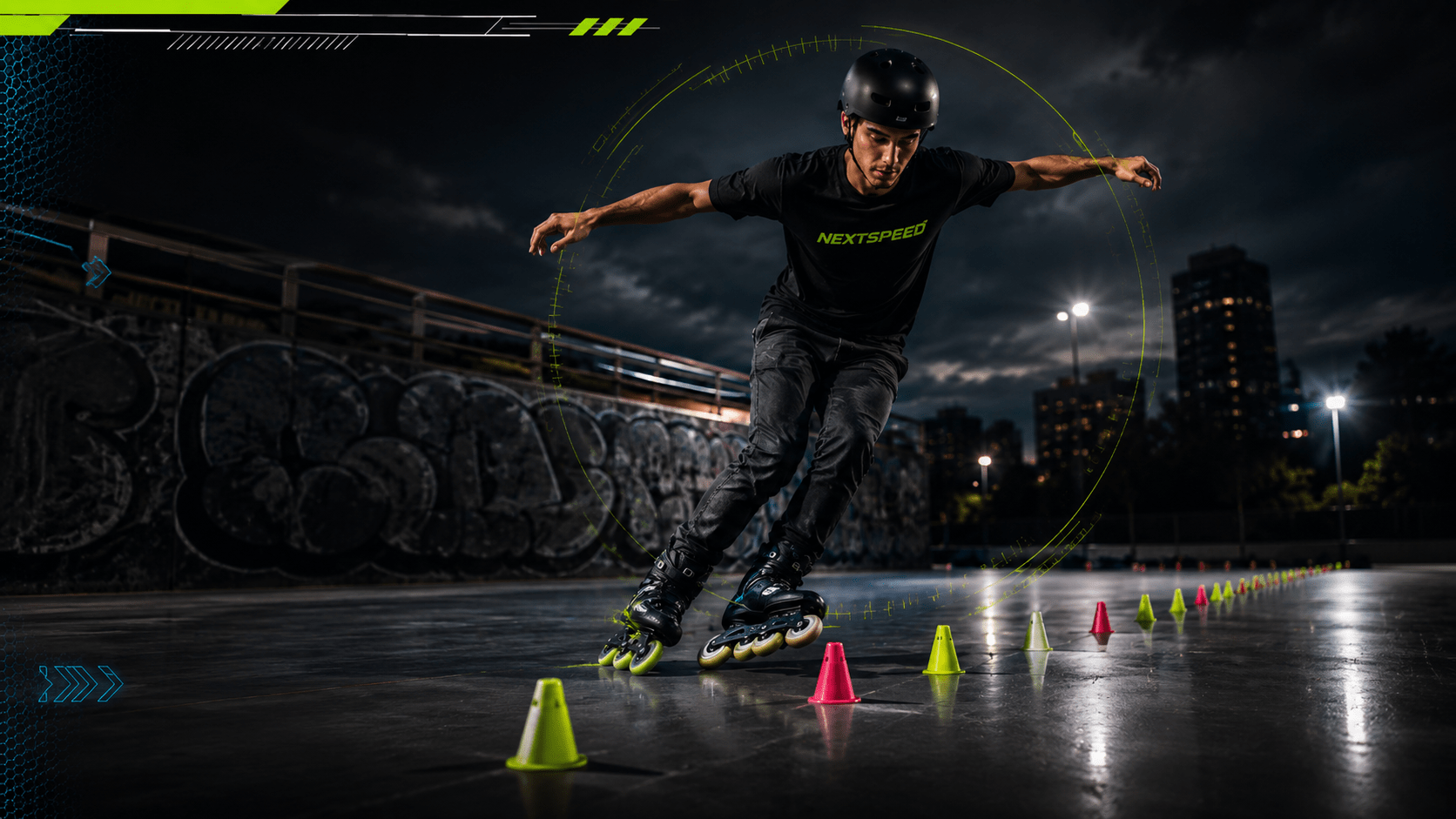 Patinador practicando freestyle slalom entre conos