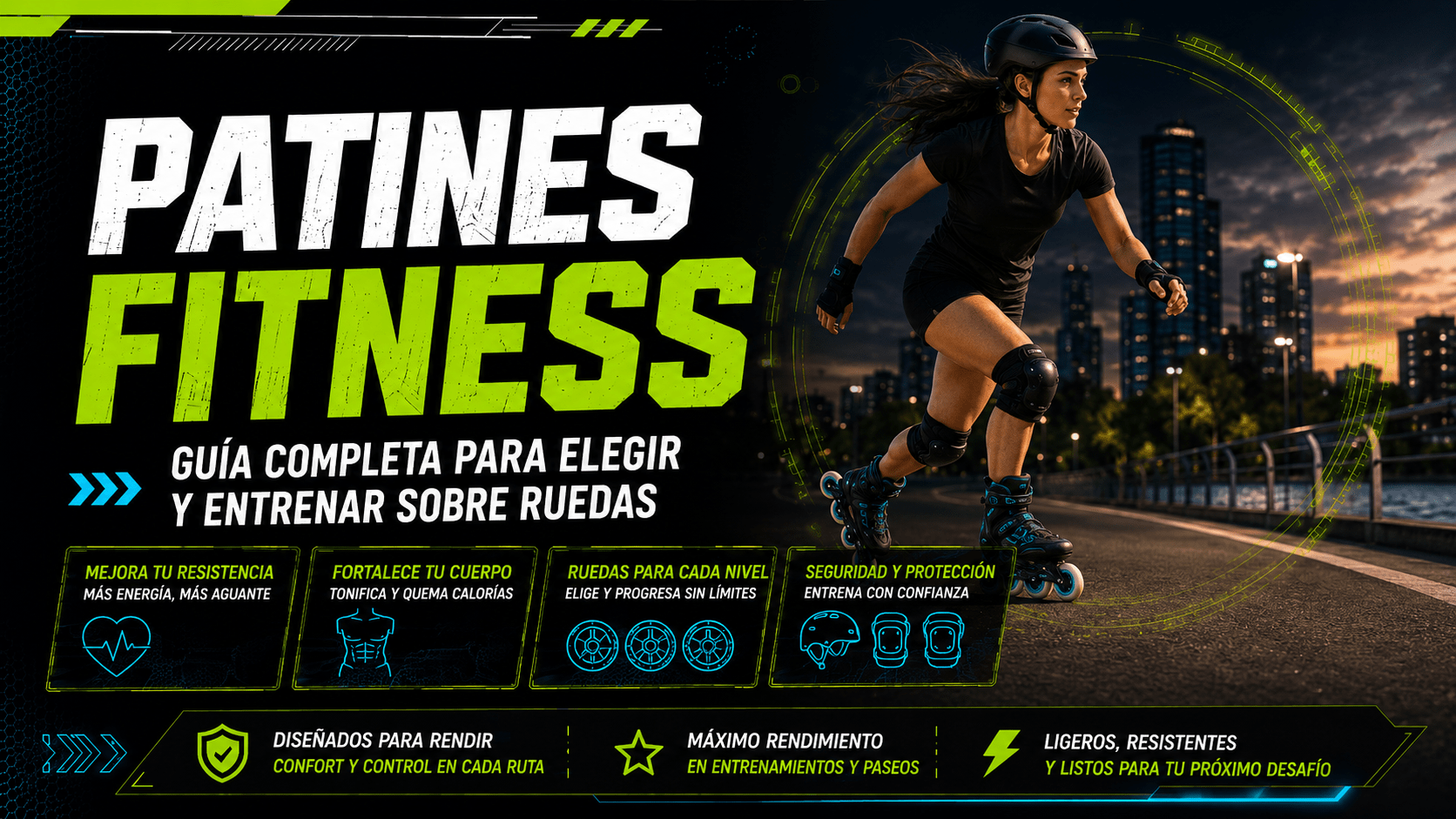 Patinadora entrenando con patines fitness en una vía urbana