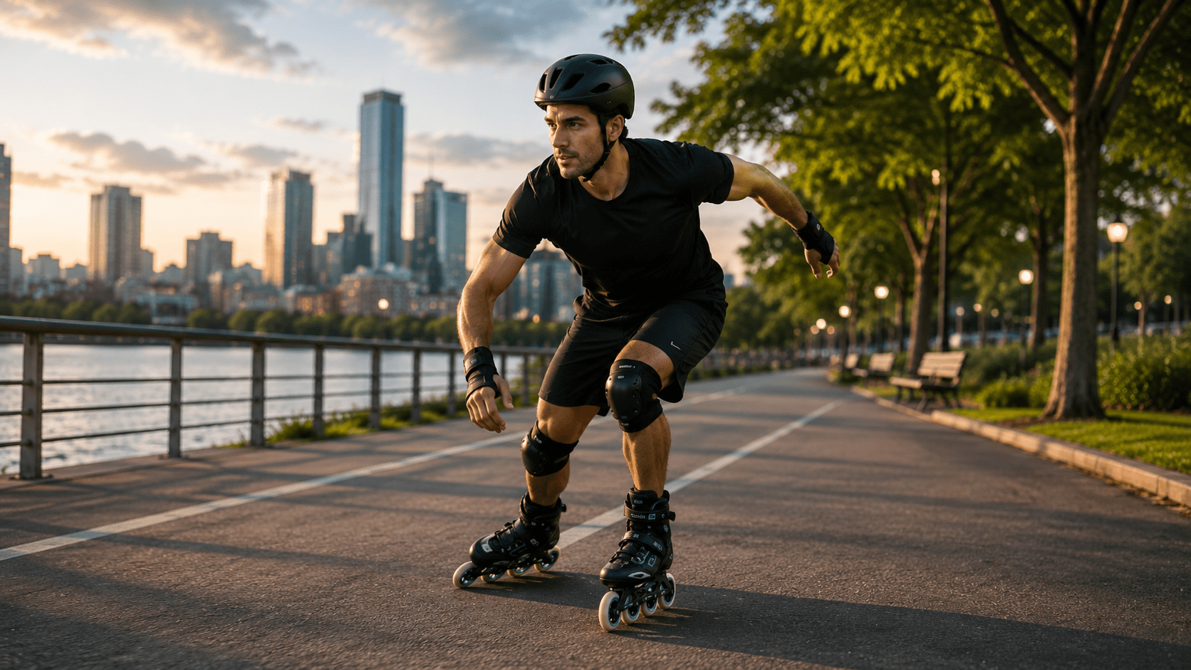 Dos personas entrenando con patines fitness y protecciones