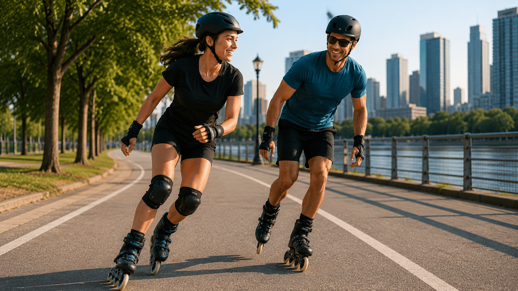 Persona entrenando con patines fitness en un paseo urbano
