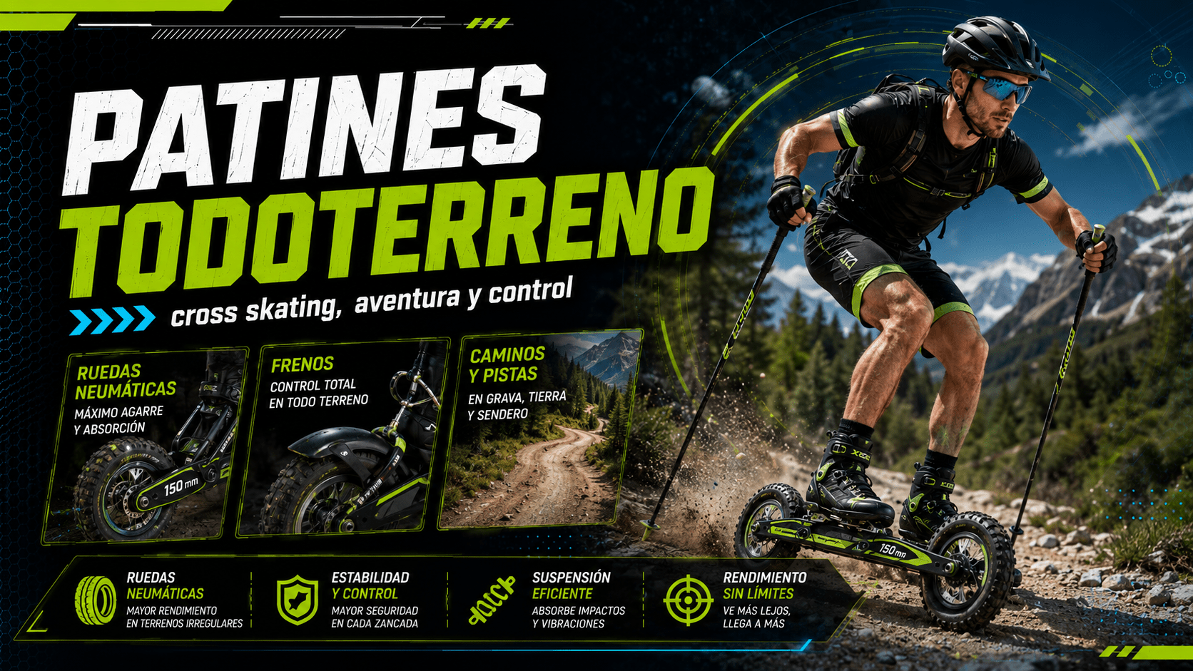 Patinador utilizando patines todoterreno con ruedas neumáticas en un camino