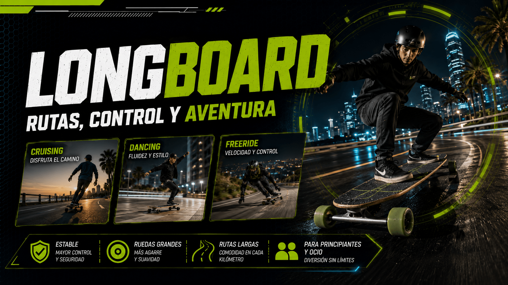 Longboard moderno preparado para cruising y rutas urbanas