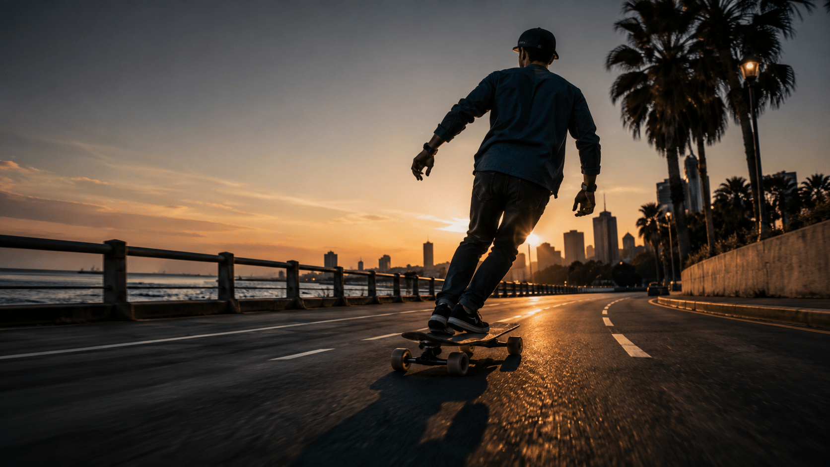 Persona recorriendo un paseo urbano con un longboard