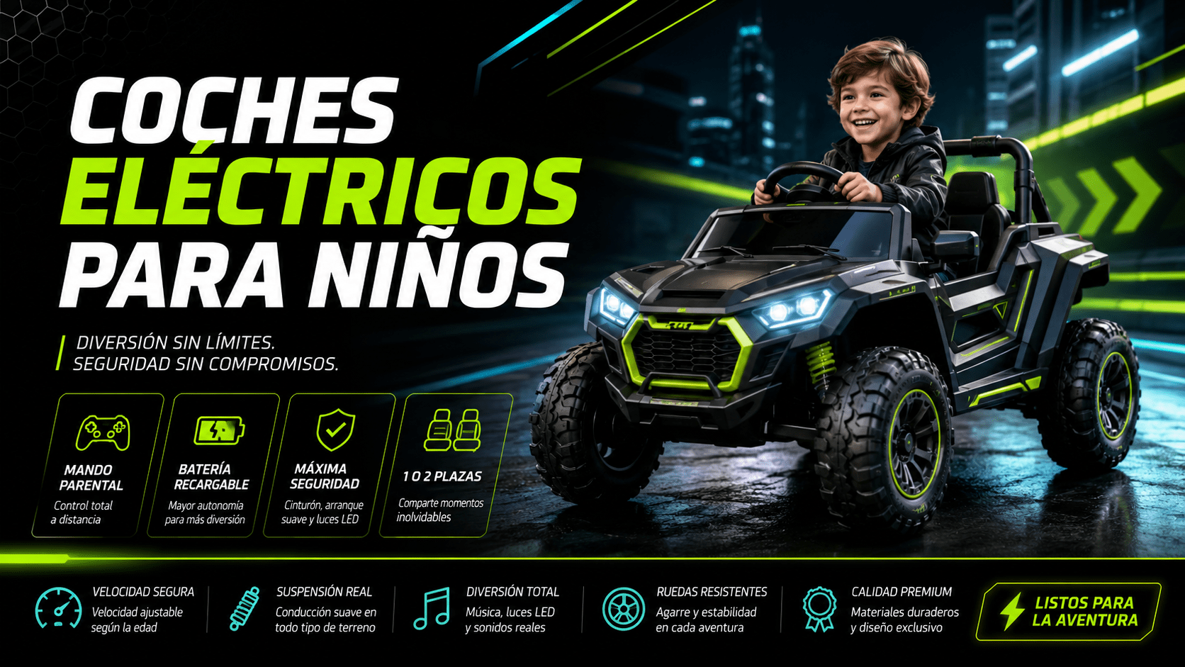 Niño conduciendo un coche eléctrico infantil con supervisión de un adulto