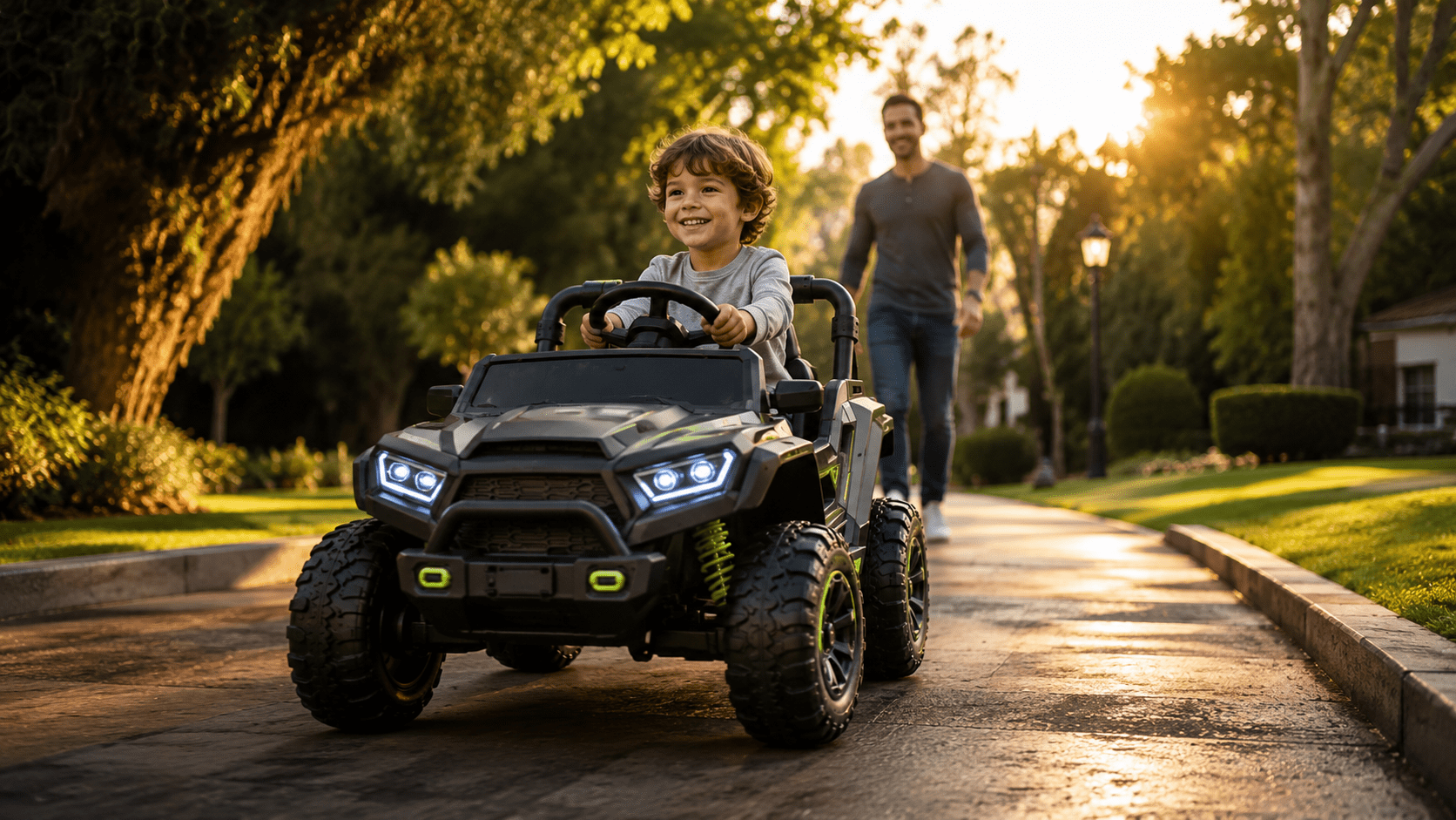 Niño conduciendo un coche eléctrico infantil por un camino de parque