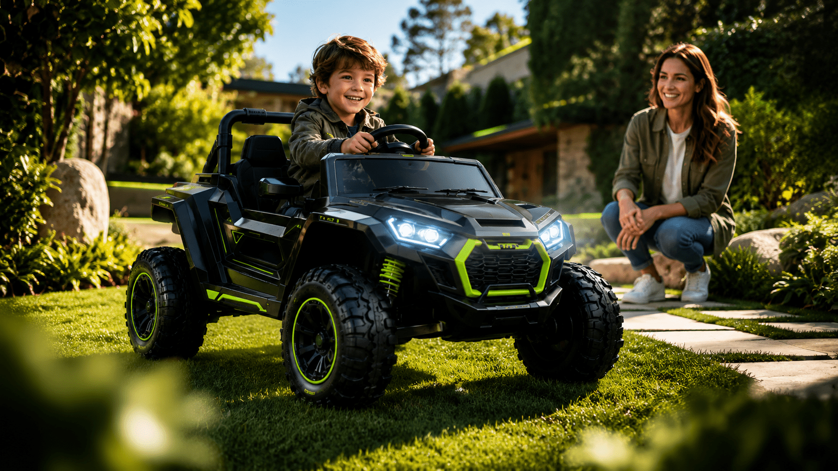 Coche eléctrico todoterreno infantil circulando por un jardín