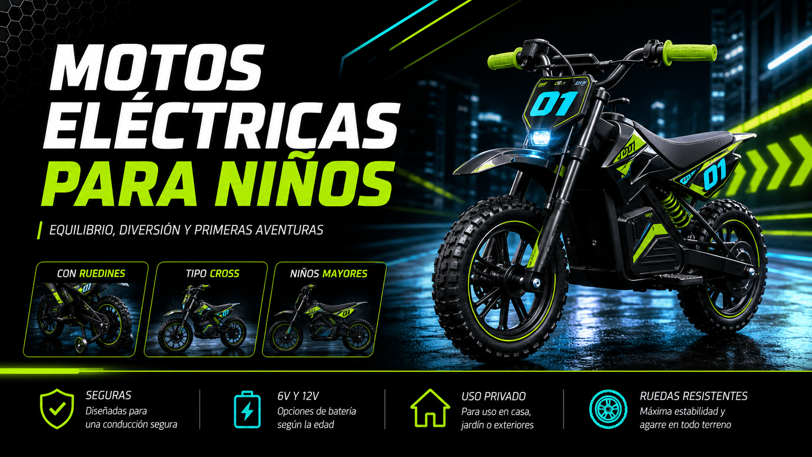 Niño conduciendo una moto eléctrica infantil con equipamiento de protección