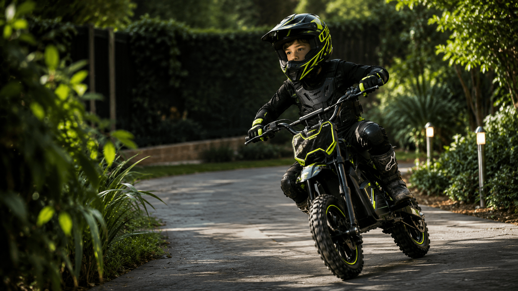 Niño conduciendo una moto eléctrica infantil por un camino privado