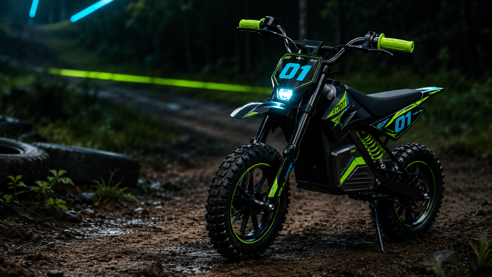 Moto eléctrica infantil tipo motocross en un terreno exterior