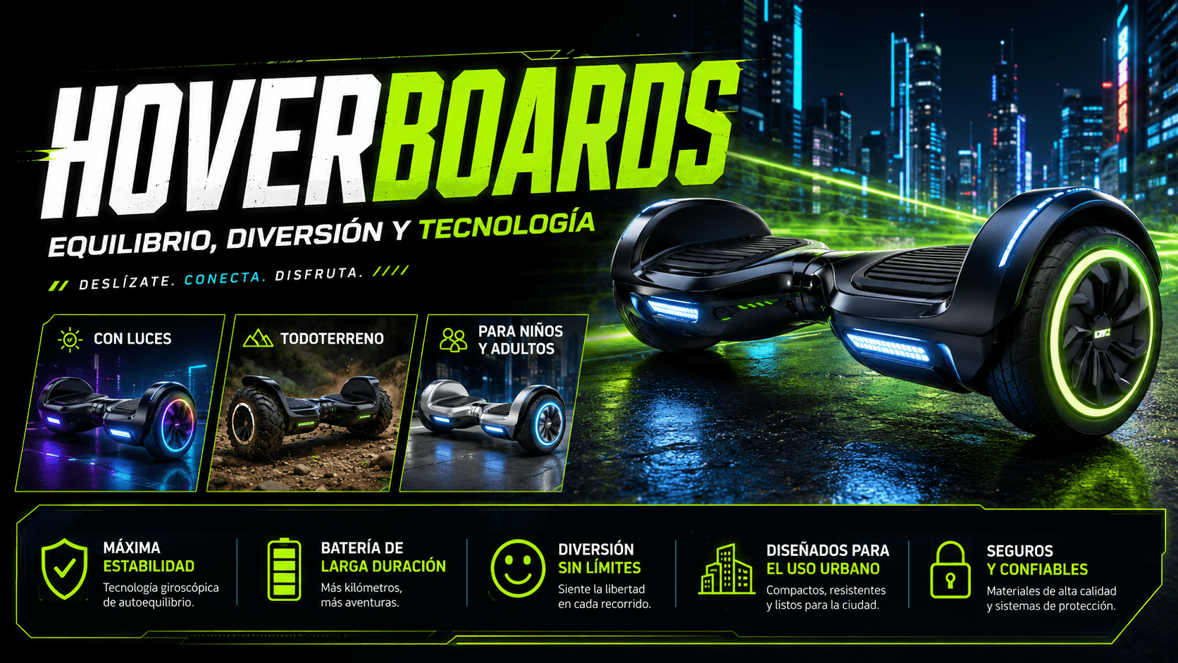 Hoverboard moderno con iluminación LED en una ciudad nocturna