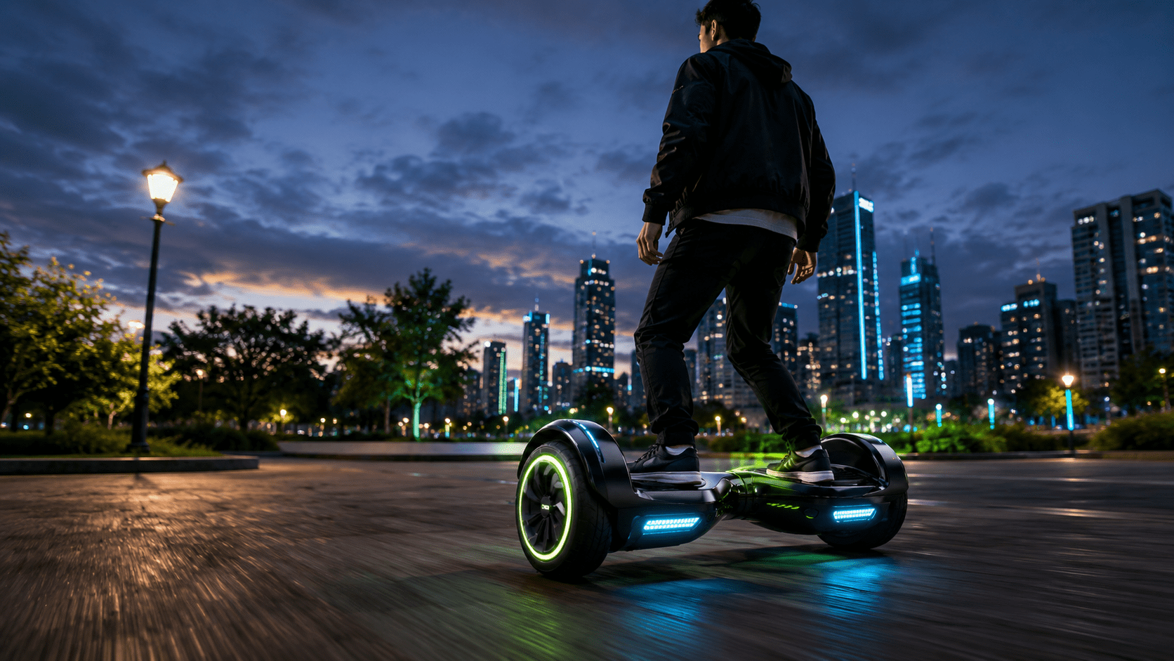 Persona utilizando un hoverboard en un paseo urbano