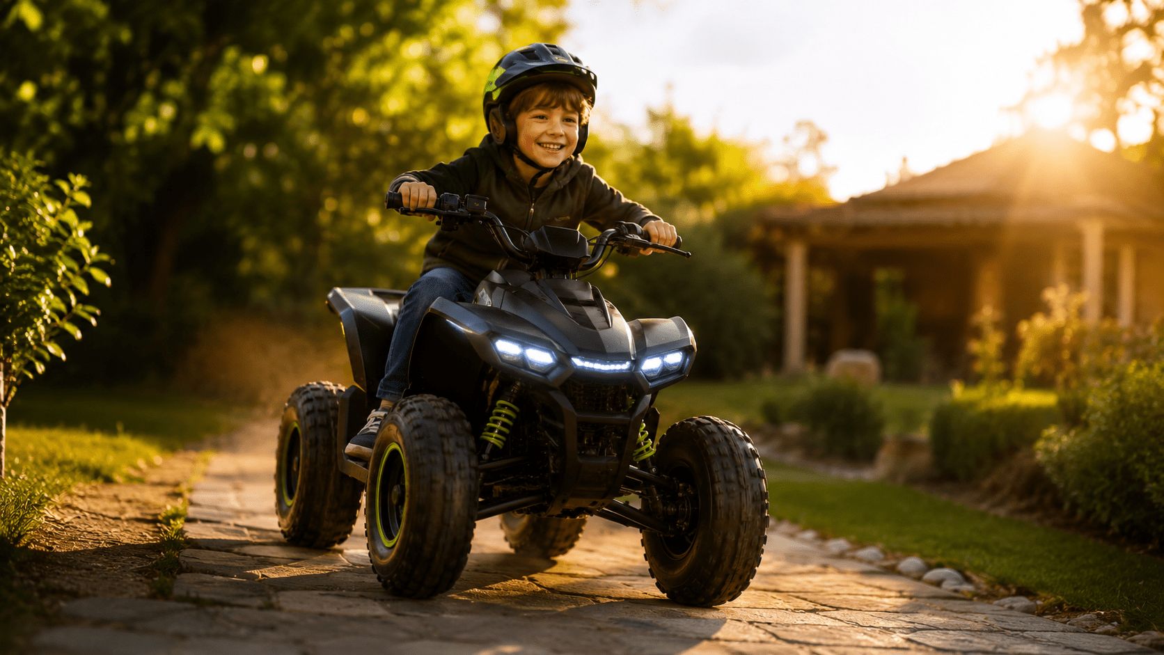 Quad eléctrico infantil preparado para circular por un camino exterior