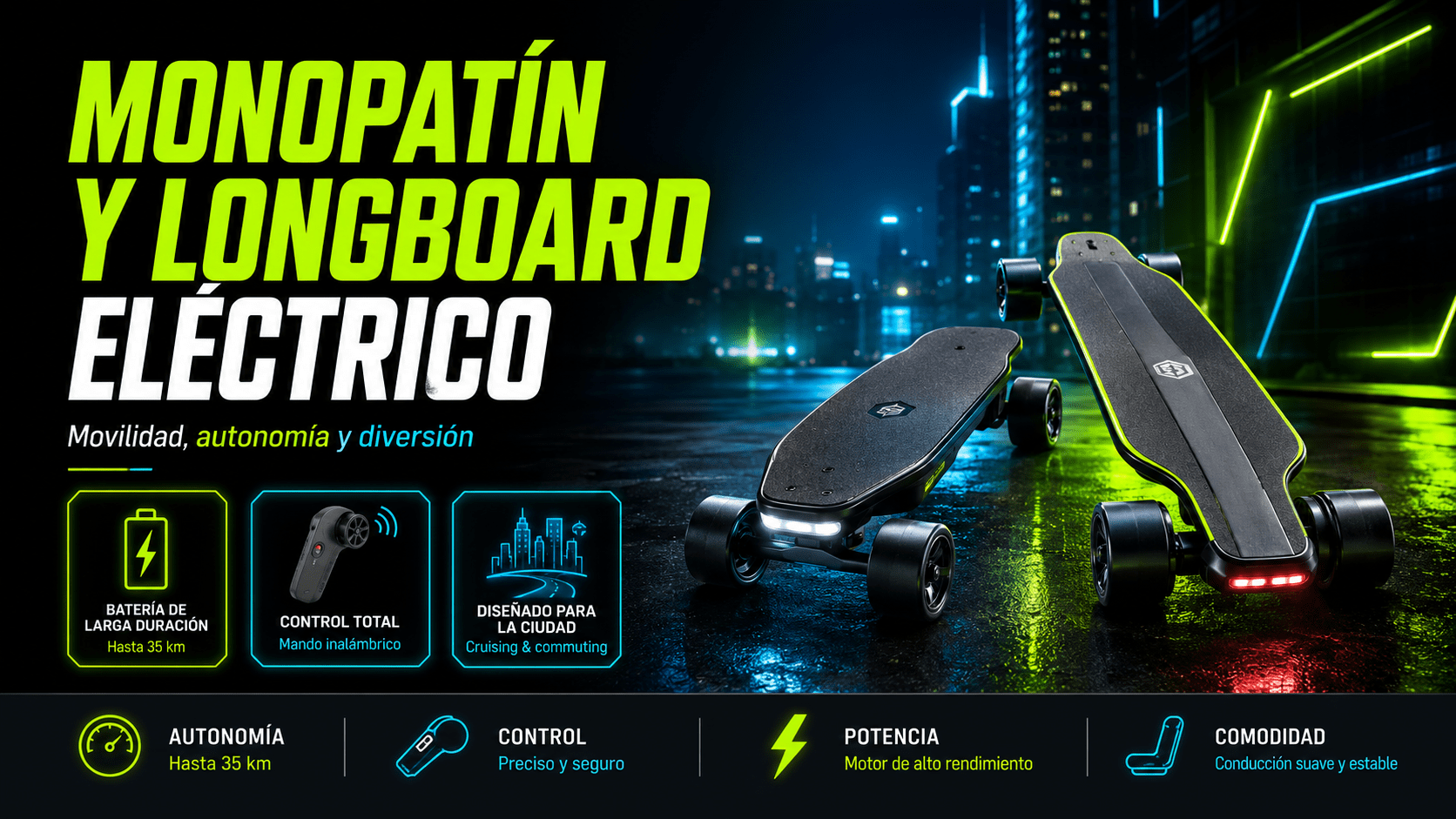 Monopatín y longboard eléctrico juntos en una ciudad nocturna