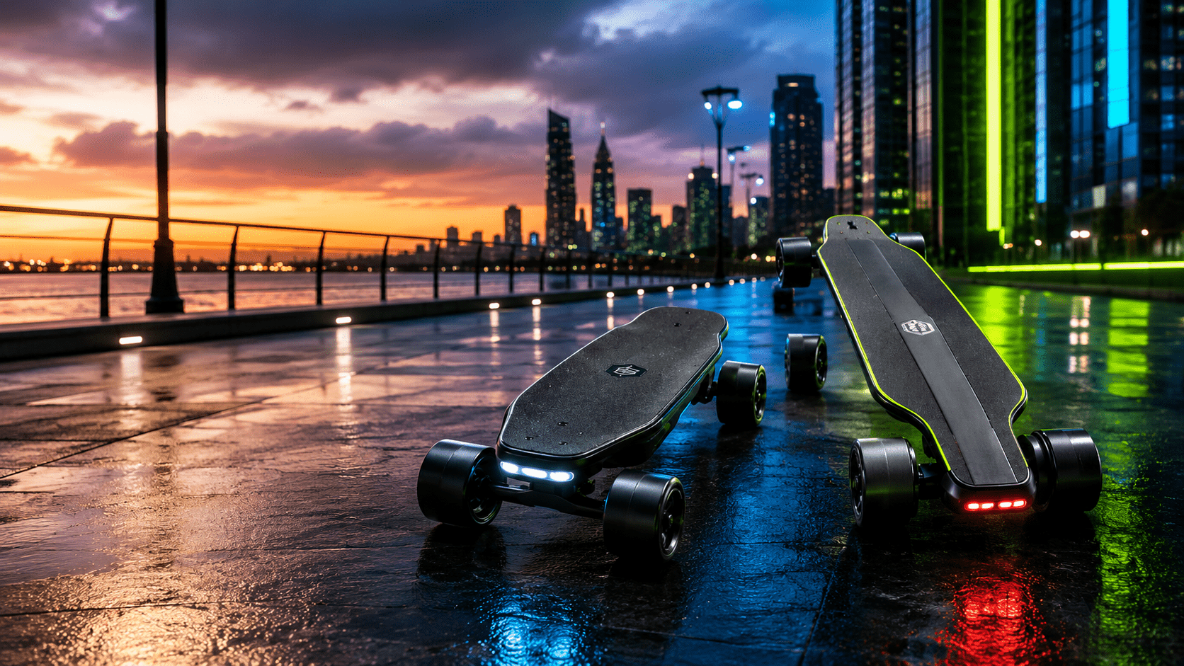 Monopatín eléctrico compacto y longboard eléctrico juntos