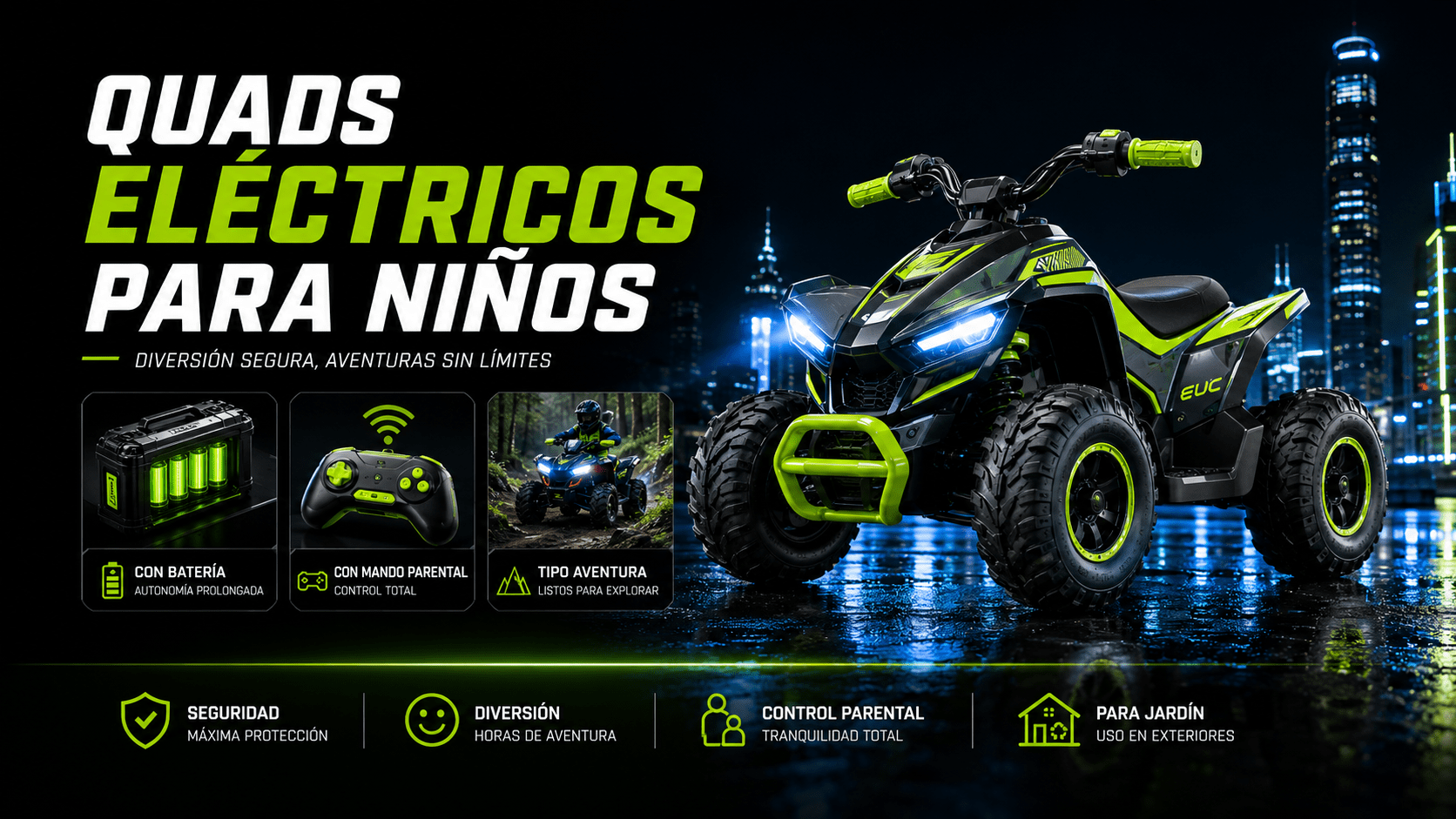 Quad eléctrico infantil preparado para recorridos exteriores