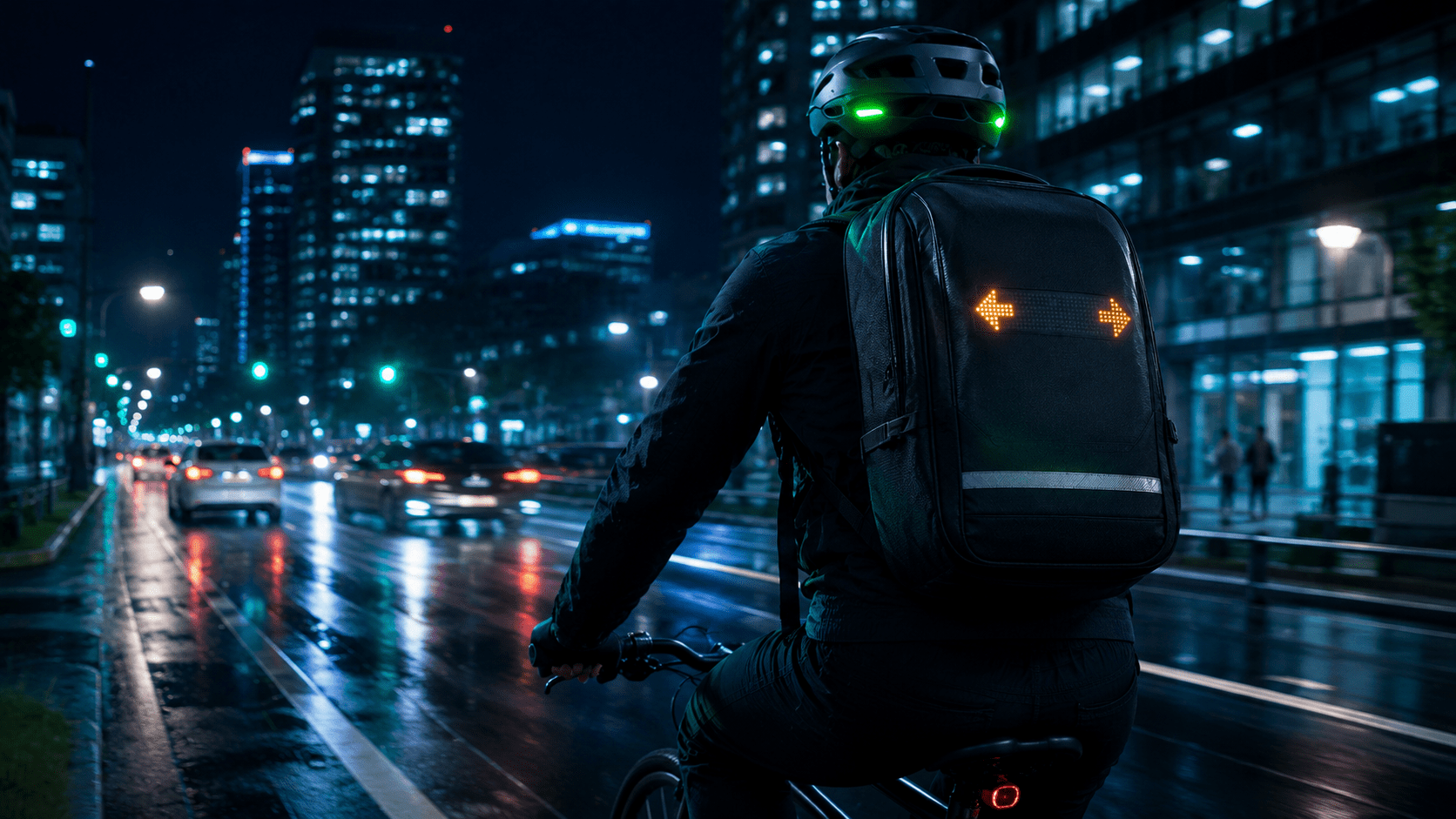 Ciclista utilizando una mochila con intermitentes LED en ciudad