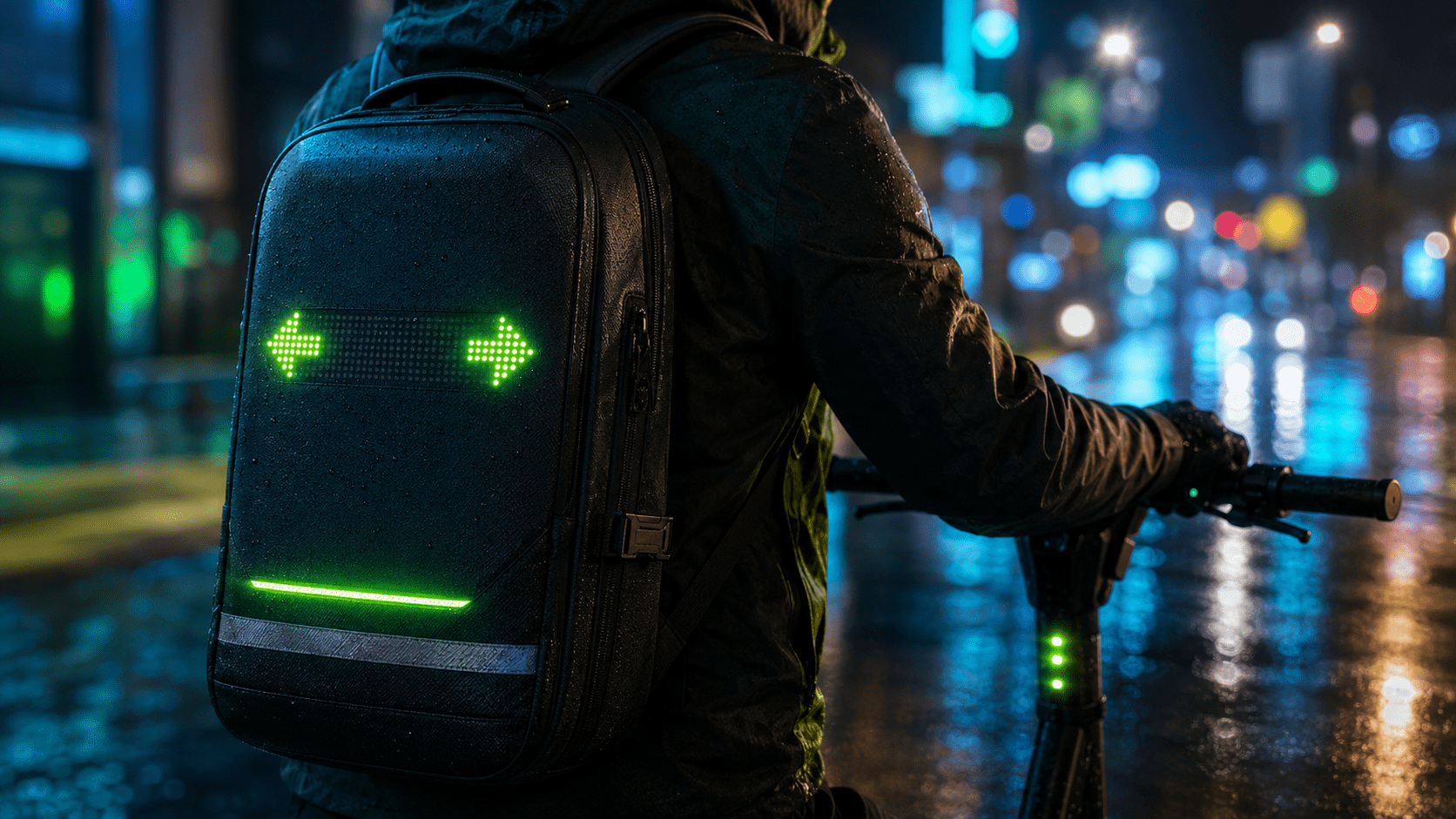 Detalle de una mochila con panel luminoso e indicación de giro